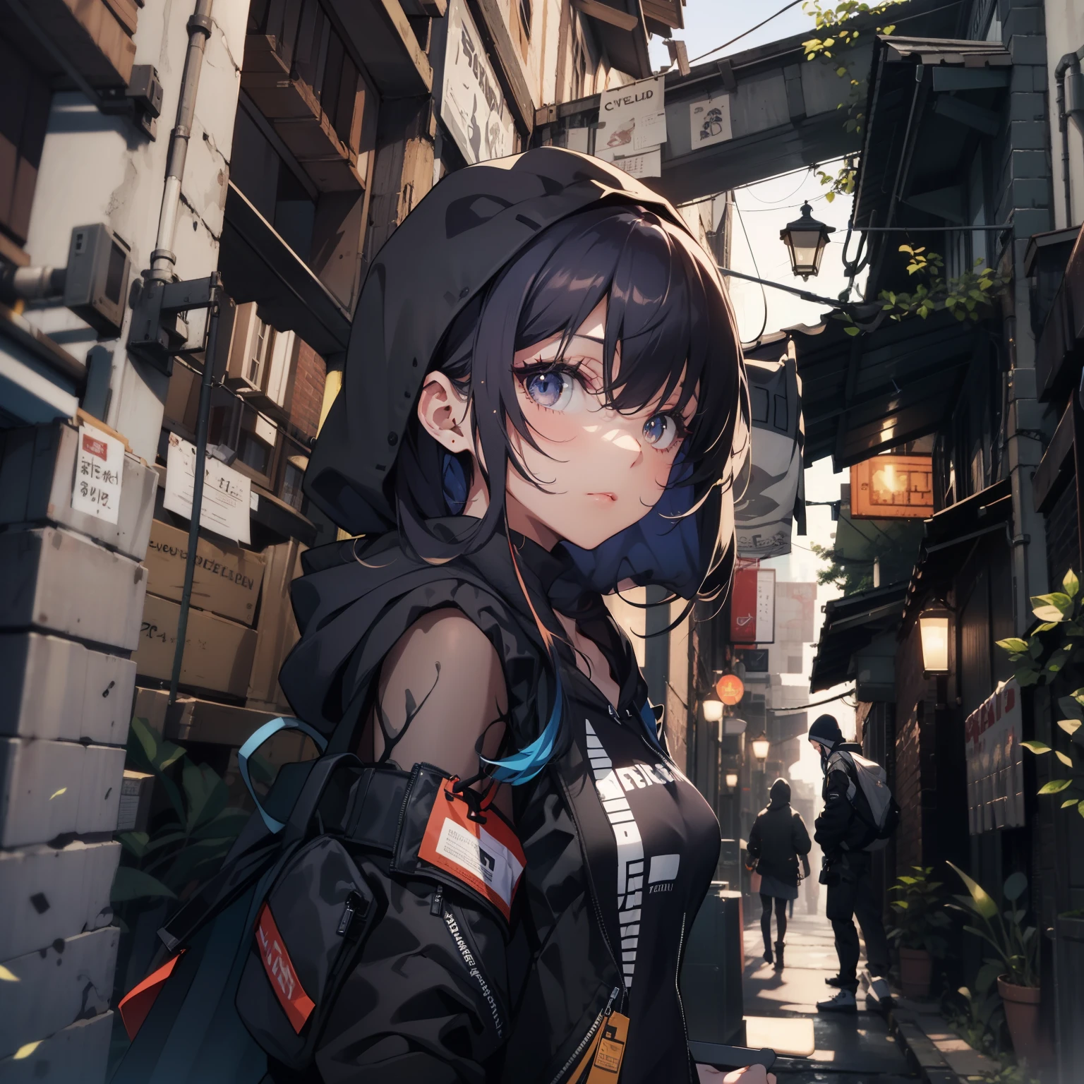 ((1Woman:1)),((beautiful eyelashes:1)), ((expressive:1)), ((front-angle-view:1)),((wearing-techwear-hoodie:1)),((Cyberworld:1)),((standing-in-a-alleyway:1))