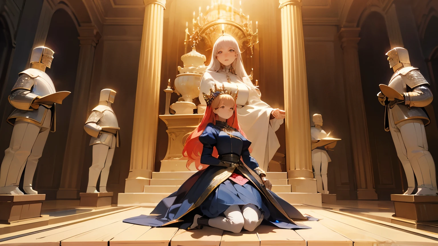 (masterpiece:1.2), best quality, 4k, 8k, ultra-detail, extreme very high quality, the eternal peace scene, (a queen staying at middle on her feet), (Servants and knights were kneeling at queen feet, in rows on either side of the queen), People stood on both sides of the road, professional artwork, intricate details, vivid colors, digital blending, ultra detailed body, ultra detailed hair, ultra detailed face, trending on pixiv, for desktop wallpaper, flawless drawn, wide shot