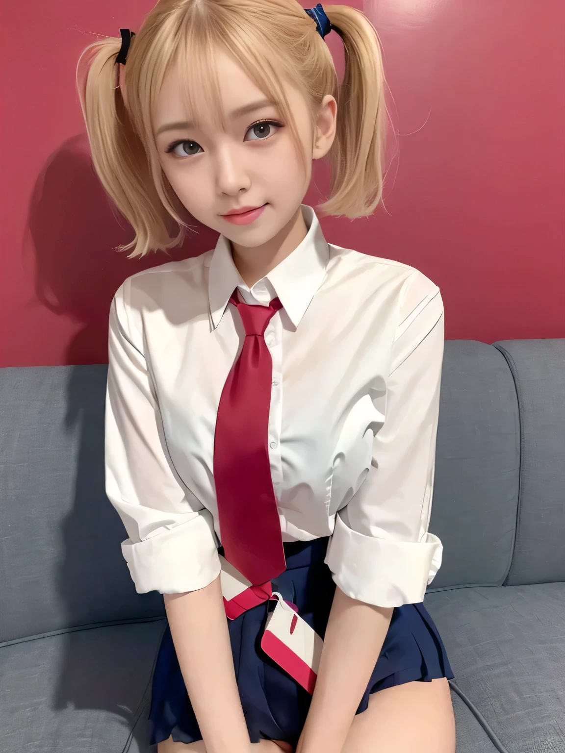 (highest quality、8k、32k、masterpiece、Hmph:1.2)、Place your arms on your thighs、Pink wall、Blonde、sexy、18-year-old、Cute Japanese Women Photos、Twin tails、thin、slender、(Bobcut)、(Small Tits)、double eyelid、 Red open front shirt、Navy blue tie、Red mini skirt、Thighs、Blue Wall、whole body、smile、sexy、Thighs are visible