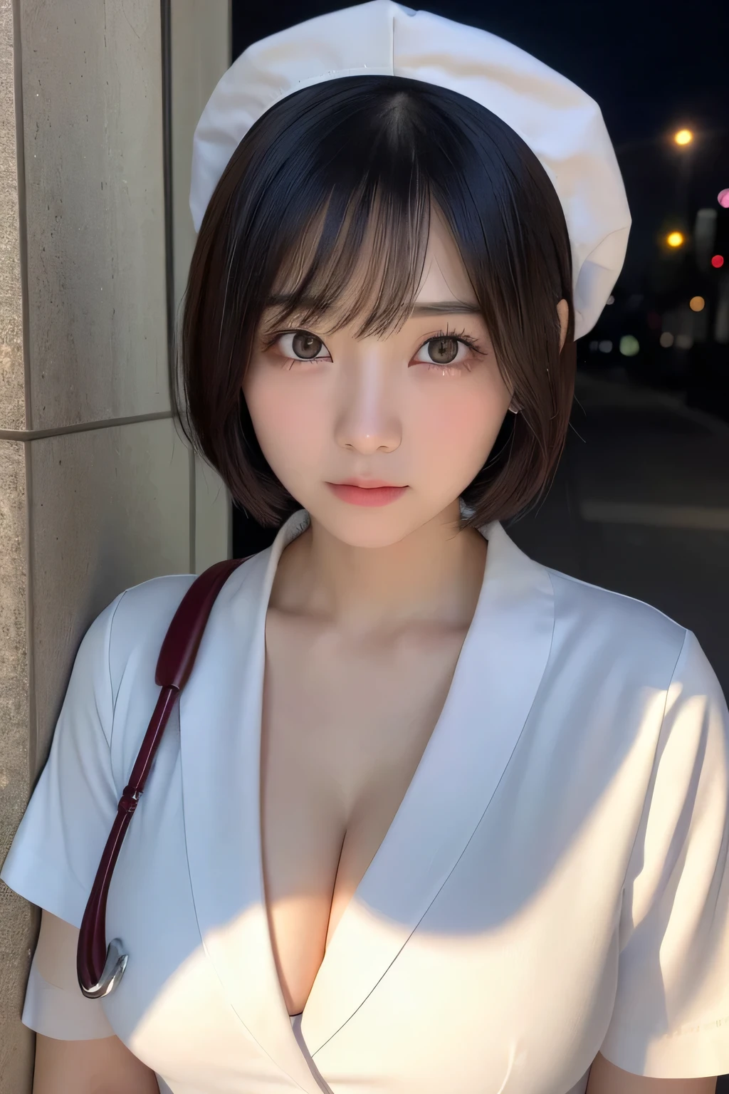 (1 Girl)、(Beautiful Japanese、18years old,round face、Refreshing、clear、seems kind、stylish、Pitiful、cute like an angel、cute、black eyes、,actress,Almond-shaped eyes), Good style , (Beautiful big breasts:1.2),(soft breasts),(very cute),(Black hair),(short bob hair),(enchanting eyes),(highlight on eyes:1.2)、(8K、Live shooting、highest quality、masterpiece:1.2、optimal lighting)、((masterpiece)),(Photo taken by a professional photographer),(real、photo real:1.4),break,{ (White nurse costume),(((taraditional nurse uniform))),,{(White nurse tight pants)},(cleavage:1.2)},( jumpy:1.4),(tears:1.4))(cheeks are red:1.2), break, break,Hospital,Face shot:1.3、Night corridor、Looking at viewer:1.6, face close-up,Looking up、Are standing、There is a ghost behind