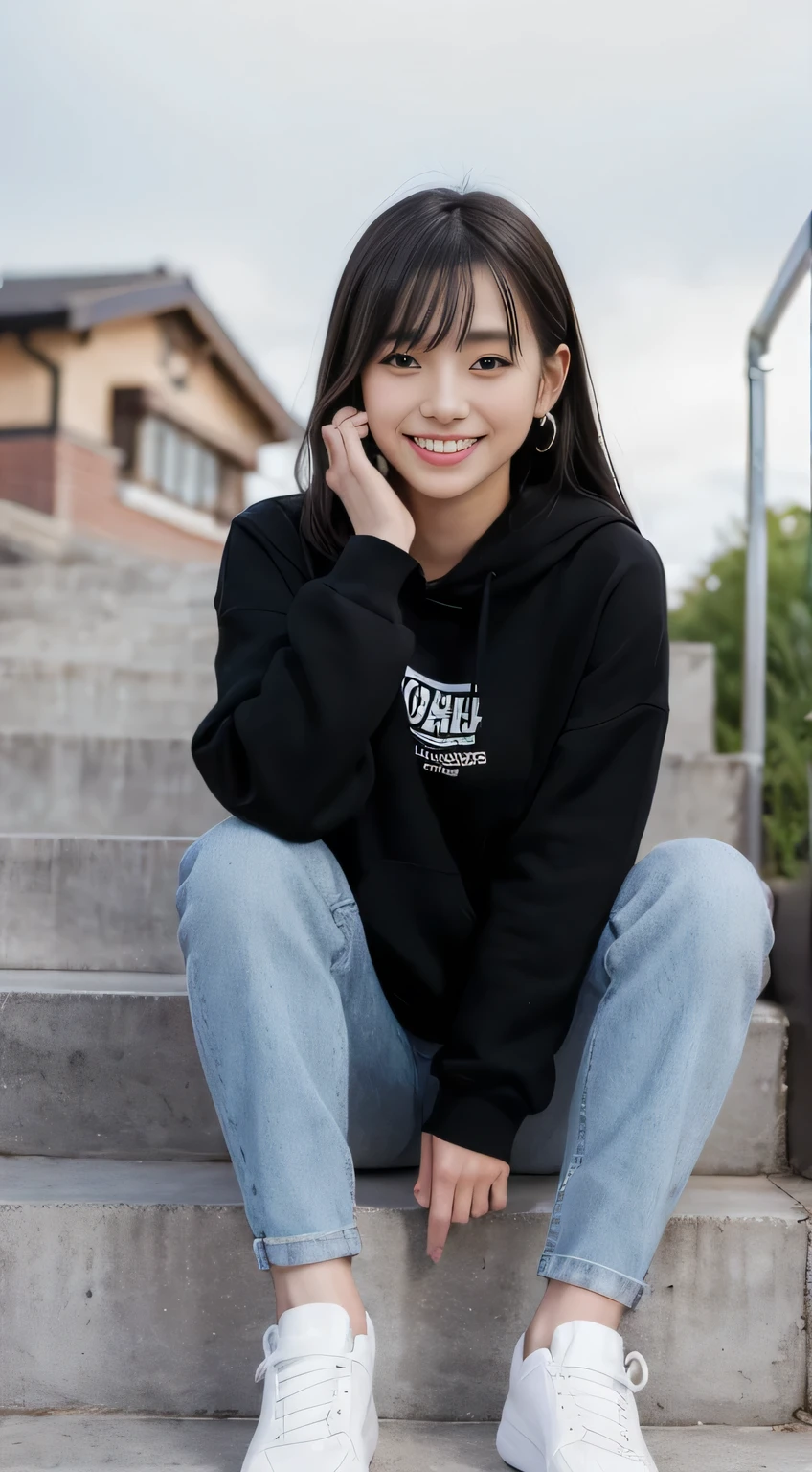 highest quality, Realistic, Very detailed, Finer details, High resolution, 8k wallpaper, One beautiful woman,Sit on the stairs、（Wear black socks）smile、（Beautiful teeth alignment、）（Gums are visible） Oversized hoodie, Skinny jeans,（ Black sneakers）、Black Hair、 Beautiful Bangs、ear piercing、Perfect dynamic composition, Beautiful and detailed, Full Body Shot, A big smile

