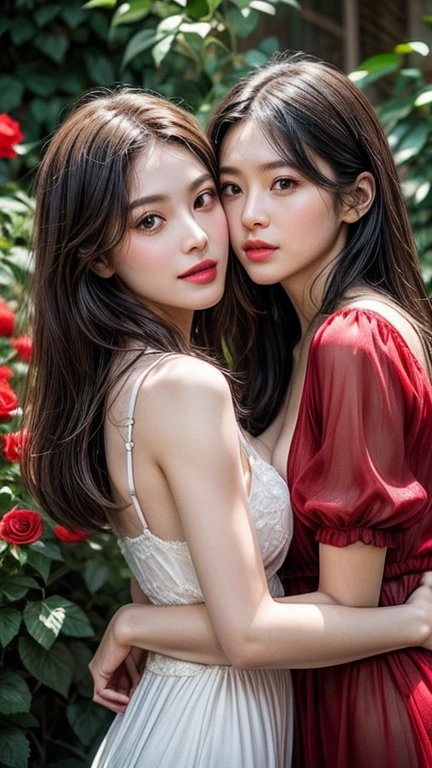 (Surrounded by red roses 1.5).Wrapped in red roses 1.5、Bright space、Professional Lighting、Professional Lighting、Translucent skin texture、Transparent skin tone、Beautiful Skin、Tie your hair、Black Hair、Small breasts、Accentuate your breasts、White lace fabric 1.5、(See-through fabric 1.4)、(Watch viewers 1.5)、(((2Man Female 1.5)))、(((Embrace each other2Man Female 1.5)))、(((2People are sisters 1.5)))