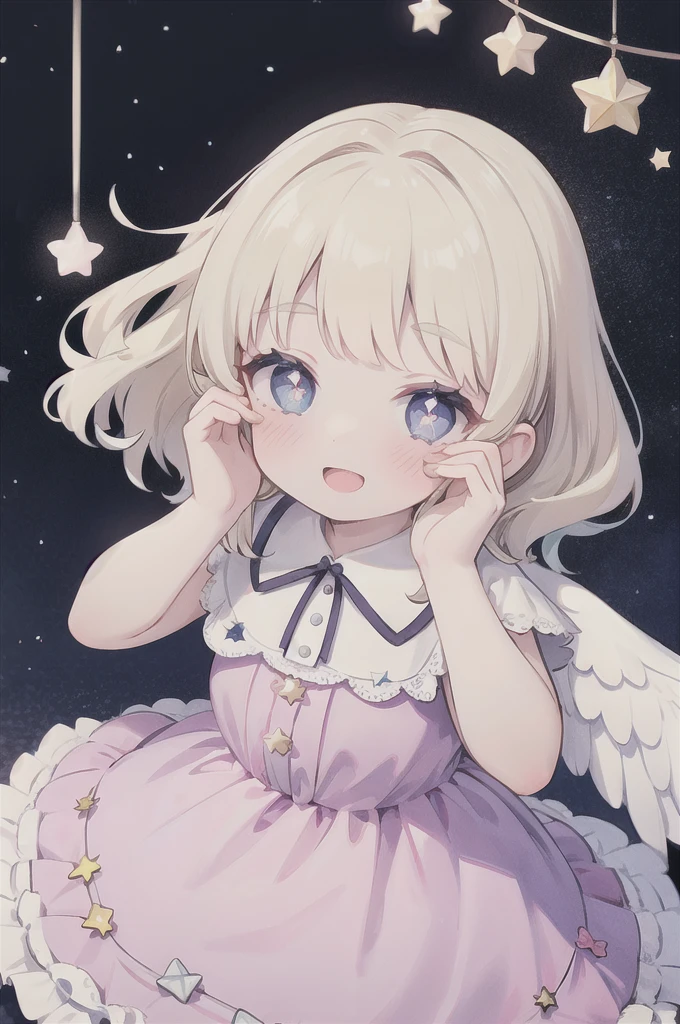 1girl,princess, (light blonde hair), light blue eyes, short bob , shiny hair, wavy hair, full-face blush,:D,heart shaped pupils,baby face ,twinkle in the eye, head ribbon ,star ribbon , frilled dress,long skirt,twinkle,adorable,angelic,idol (((item: star), shadow:1.5