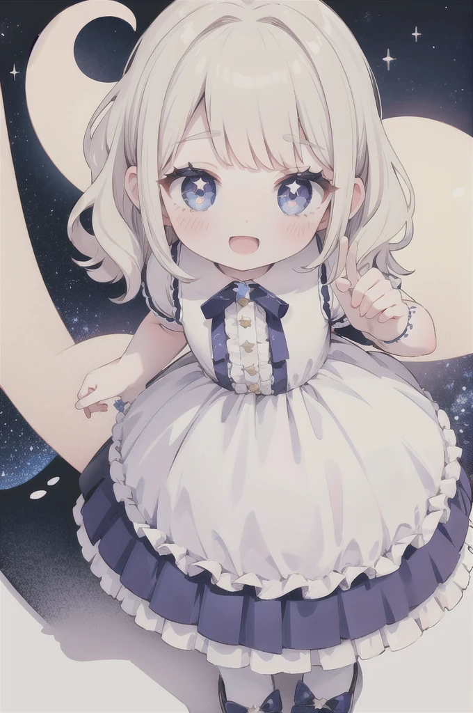 1girl,princess, (light blonde hair), light blue eyes, short bob , shiny hair, wavy hair, full-face blush,:D,heart shaped pupils,baby face ,twinkle in the eye, head ribbon ,star ribbon , frilled dress,long skirt,twinkle,adorable,angelic,idol (((item: star), shadow:1.5