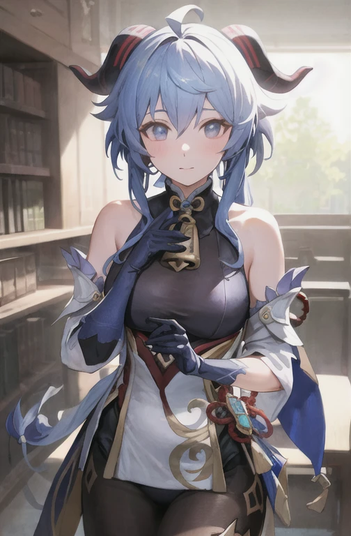 (photoRealistic:1.4), (masterpiece, Side light, Beautiful, detailed eyes: 1.2), masterpiece*Portraiture, Realistic, 3D Face,
Hired \(Genshin Impact\), One girl, Ahoge, architecture, bangs, Exposing shoulders, Bell, black gloves, Black Pantyhose, (Blue Hair), blush, chest, Chinese knot, Removable sleeves, Flower knot, gloves, horn, Long Hair, View your viewers, medium chest, neck Bell
