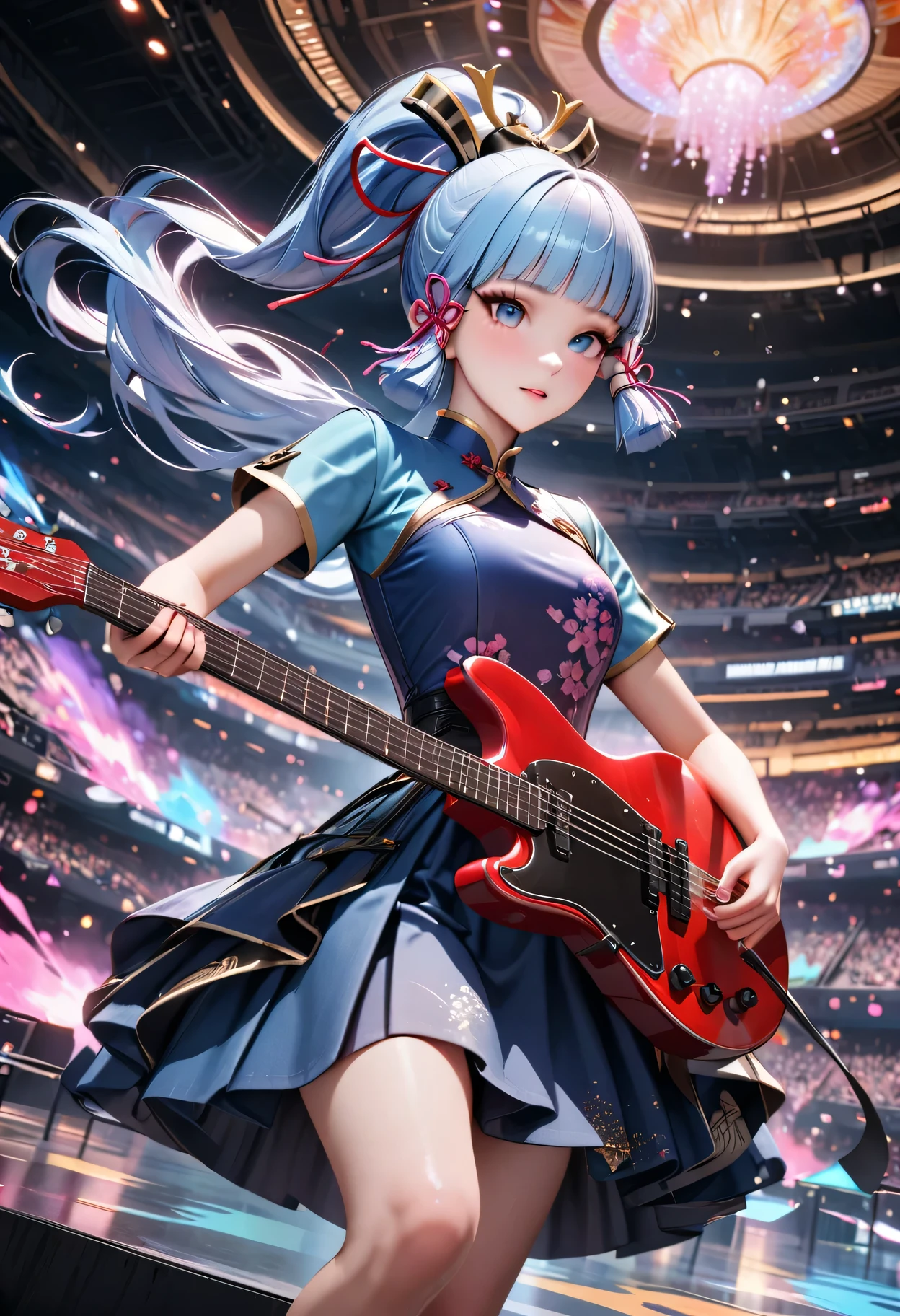 (masterpiece), (best quality), (Super detailed),(lifelike：1.37), (An idol playing electric guitar on stage), 3D,(Face painting:0.8),Solitary,Chinese clothes,Sci-fi style,Forest Green, permanent, Looking at the audience, (Stage Background),Beautiful blue eyes, Beautiful face, floating,(High Saturation),(Colorful splash),Colorful bubbles,(shining), focus on face, Ponytail, Kamisato Ayaka, light blue hair, Bangs, Hair ring, floating flowers, Floating hair, (shining), Optimal lighting, The best shadow,