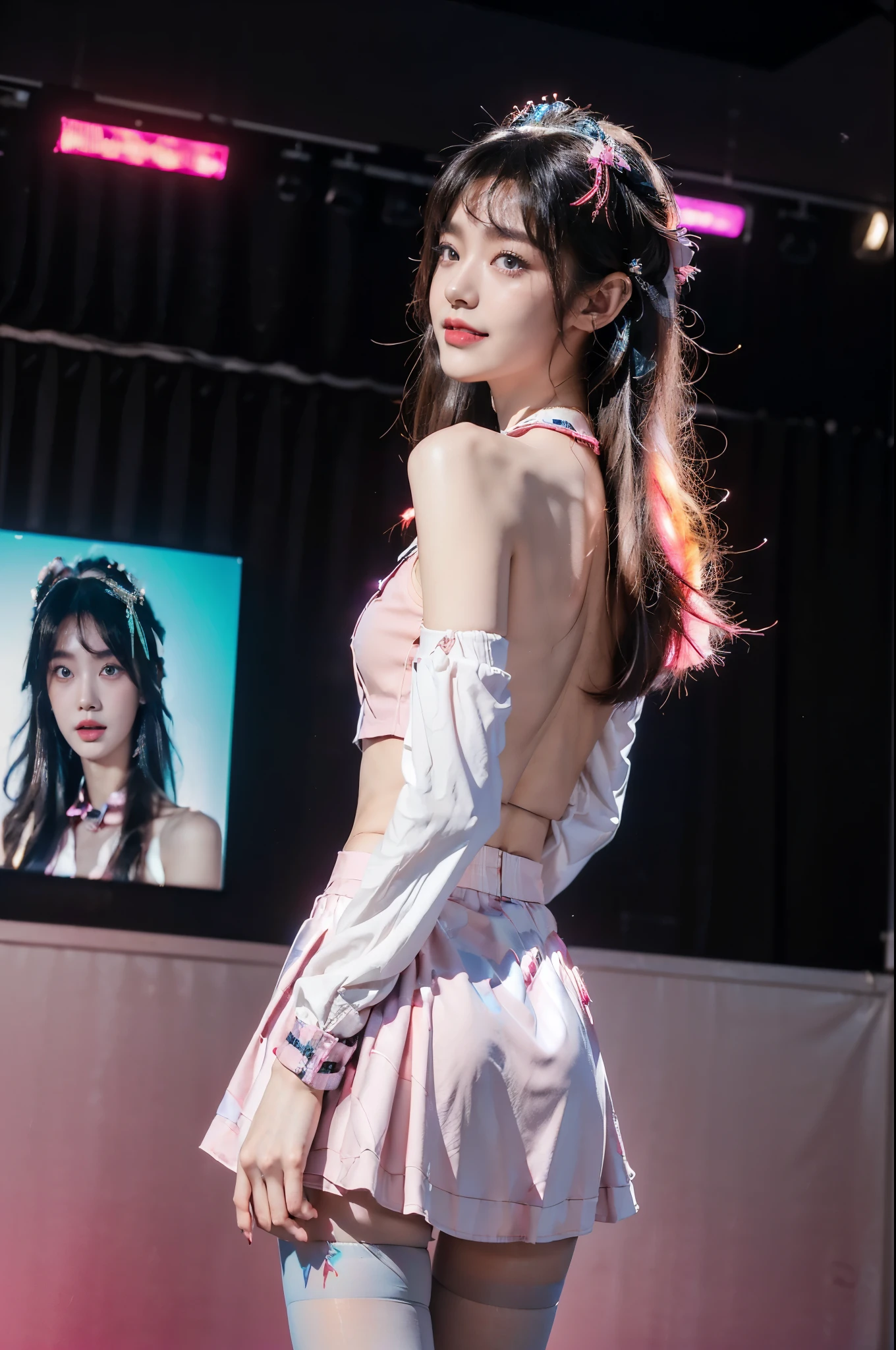 (Extremely meticulous CG),(((8k))),wallpaper,(Portrait above the chest:1.3),((Extremely refined and beautiful)),(((Masterpiece))),(((best qualtiy))),(((Ultra High Resolution))),beautiful light up,realistic shaded,(Smooth and flawless fair skin:1.5),(Extremely exquisite facial details:1.2),(ultra-detailed:1.5),((a beautiful girl,solo)),(Japanese teenage idol:1.3),(headdress flower:1.3),(shoulder length straight bob hair:1.2),(bangs:1.3),(small head:1.2),(slender face:1.2),(Exquisite makeup:1.3),(smiling:1.2),(laughing:1.2),(blush:1.5),(perfect body:1.1),(collar:1.2),(sleeves:1.3),(dazzling Pink blue checkered Idol costume:1.5),(collared shirt:1.3),(short mini skirt:1.5),(underwear:1.3),(slender legs:1.3),(thigh plug:1.5),(nude pantyhose:1.5),(sneakers:1.2),((slim,thin)),(bare back:1.3),(towering butts:1.3),(butt crack:1.5),(from back:1.3),(standing:1.3),(In the gorgeous theater:1.3),(on the stage:1.5),(lively atmosphere:1.3),(indoor:1.3),(colorful neon lights:1.3),(Cyberpunk style:1.3),(detailed background:1.5),(night scene:1.5),(upper body:1.3),