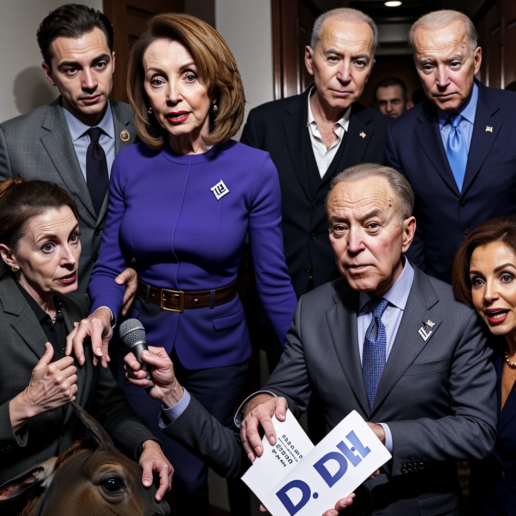 A cabal of villainous Democrats (dr4essed like Nazis with Donkey Insignia) are working to take away free speech. Among them are Nancy Pelosi, Chuck Schumer, and Joe Biden
