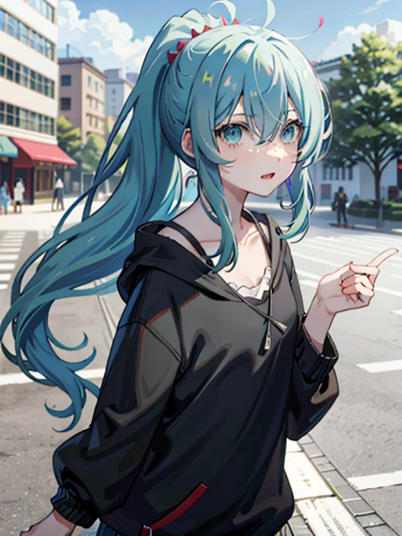 Hair on one eye、Green hair ponytail、Blue Eyes、Casual clothing、Street
