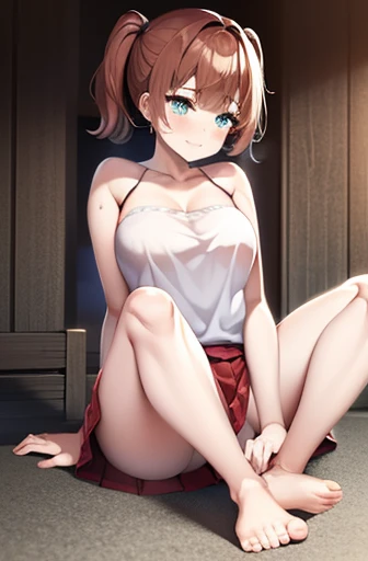 A Female robot is sleeping in the book, , nude, banzase. she wears no dress. She Brown short hair is tied with two big red clothespins, She lifts up the under hem of her white plain dress, leaning over, masterpiece, very short pigtails,brown hair, mature, android eyes, full body figure, Height: 160cm, flushed cheeks, 2020s anime picture, A beautiful robot with short brown hair in two short pigtails held up by two very large huge red clothespins, Uplifting, No NSFW, whole body, barefoot, archaic smile, getting orgasm, 25 years old, bucket. short sleeve shirt, pleated skirt, beautiful scenery, evening, skirt lift, no panties, genitals visible, dy shot, e.