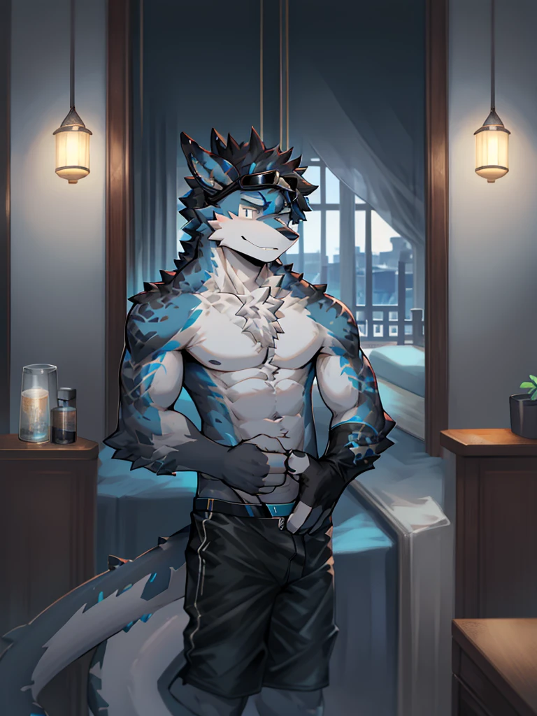 Chinese dragon boy,Gray fur,Topless, mammal, hairy,Gray Eyes,upscale hotel,Blue and black gradient swimming trunks quality,black fingerless gloves,goggles