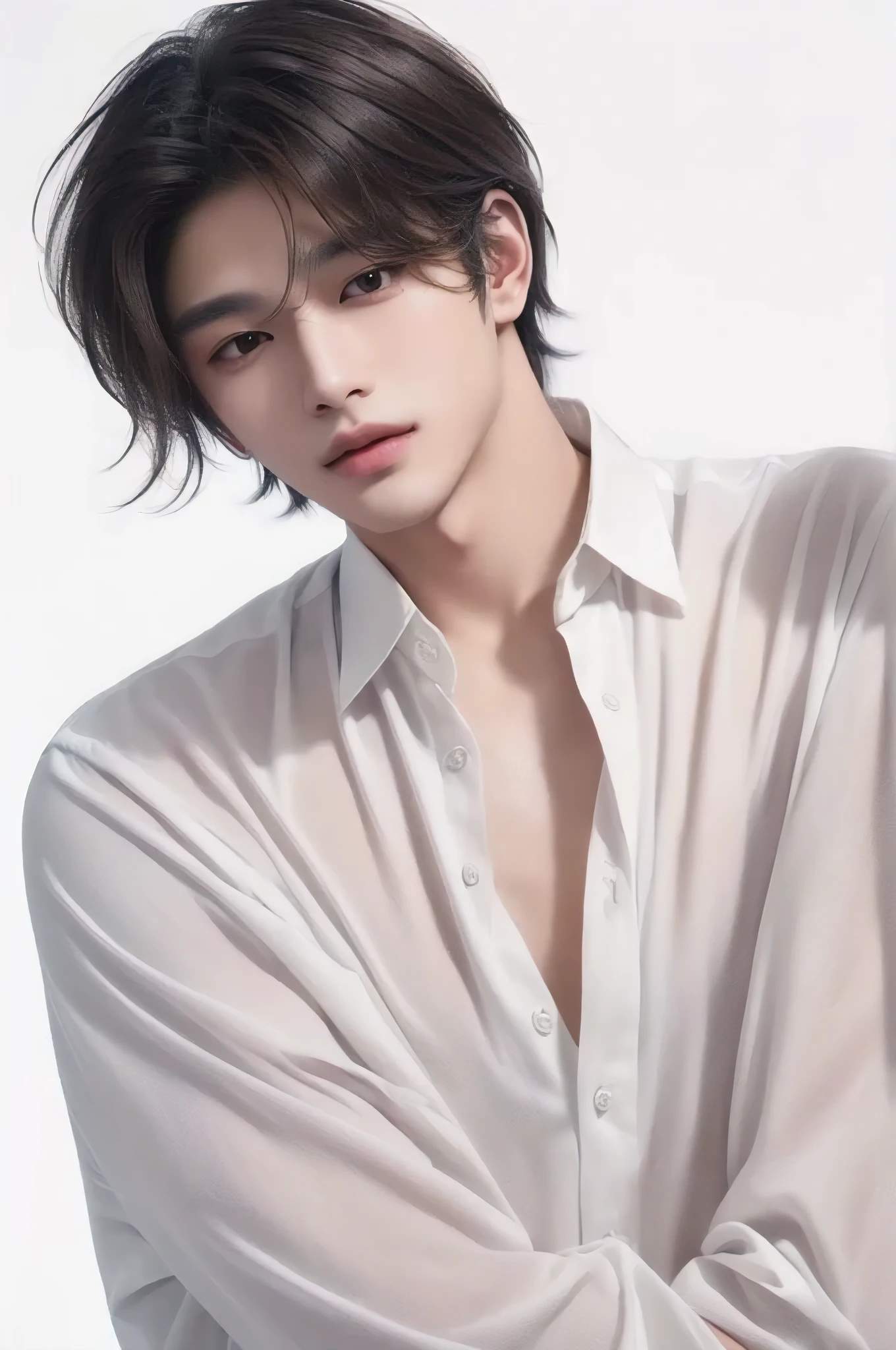 The most beautiful painting in the world、(Best quality, masterpiece: 1.3), 1 boy, Korean Idol、(Upper Body:2.0)、Extremely handsome、Light brown hair、Transparent Eyes、looking at the camera、Beautiful Skin、Lustrous skin、Young Skin、Hairstyles in the middle、Hair flowing next to the ears、short hair、Sexy gaze、White Shirt、Slightly open shirt、Cross your arms、White background、Felix、
