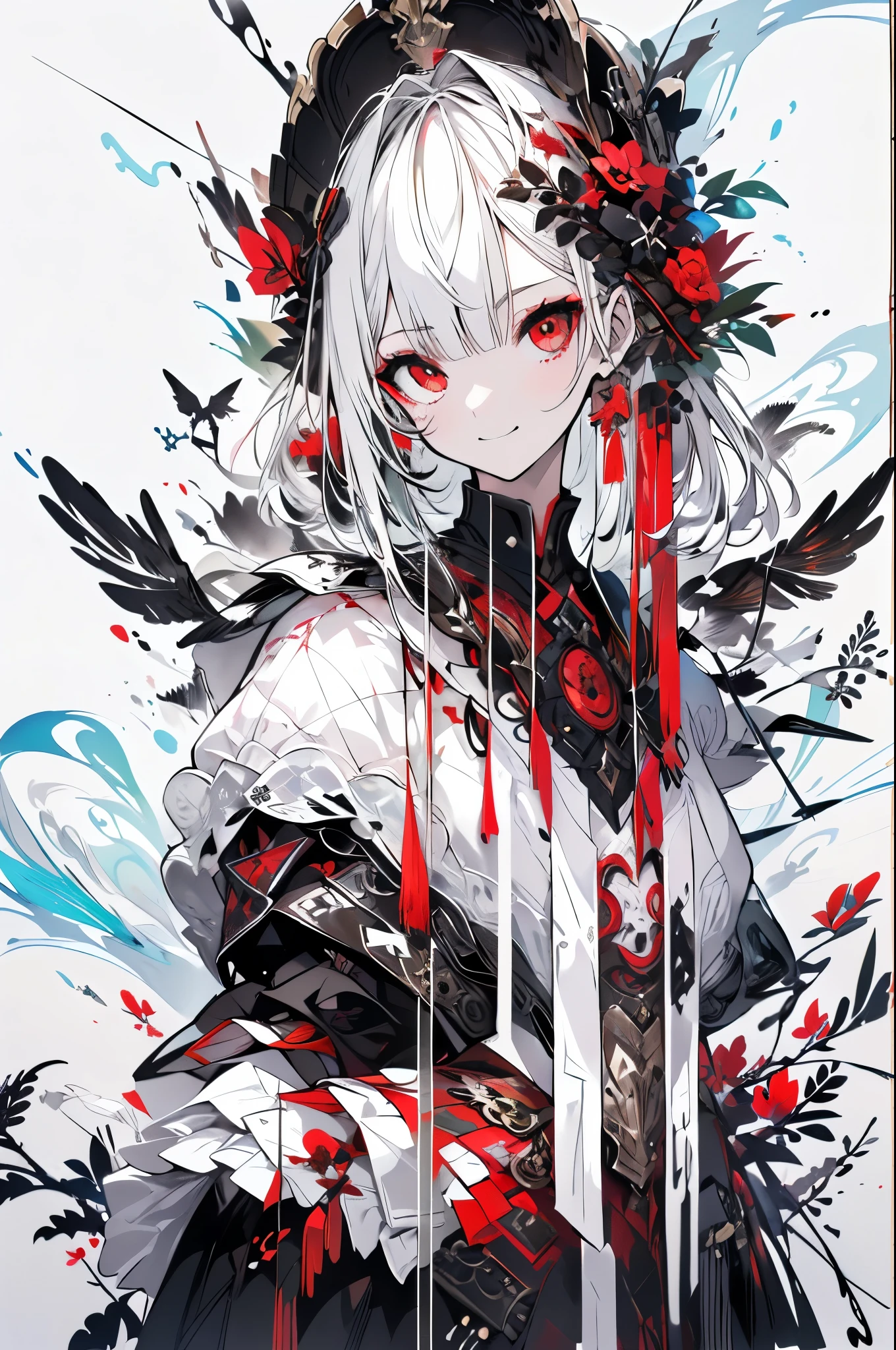 (White background:1.4),(Nature illustration spring:1. Art Book,Art Books:1.3, quilt art:1.2),( Reasonable design, clear lines, High Definition,best quality, Very detailed, On the table, Lighting Effects, 4K )、(maid uniform:1.2)、Maid costume、(Cool illustration:1.5)、(watercolor painting:1.2)、(1girl:1.0)、White background、girl、(whole body :1.5)、Black and red pattern、 fantasy, detailed picture、Cool smile、Cruel beauty、Red Eyes、killer、assassin女仆、Headdress、Standing picture、Cool look、assassin,