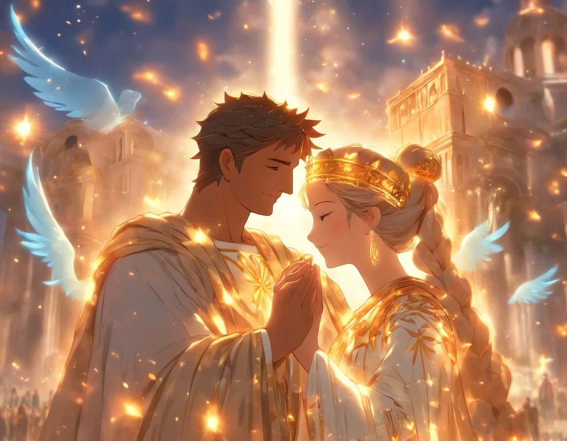 masterpiece, 最high quality, high quality, Highly detailed CG Unity 8k wallpaper, A happy couple、Emperor Constantine the Great of Rome, eternal love with Minervina, scenes of happy lovers, warm and strong embraces, bliss of love, excitement, lyrical, heartfelt, dramatic, romantic, beautiful white garments, golden belts, high vibrations, pure love, the splendor of Greece and Rome, the light of heavenly Jerusalem, washing of the soul, purification of the heart, healing of the body, joy, happiness of love, heartfelt smiles, the happiness of forgiveness, gratitude, thankfulness, praying for everyone for love, redemption, forgiveness, healing, and tranquility. These are events on Earth. Everyone is happily spending time in their own heavens. Also, friendly and pleasant relationships, sacred atmosphere, paradise of greenery and flowers, heaven, blessings and protection, beautiful, shining, ultra-high quality, ultra-high resolution, ultra-fine, ultra-beautiful, masterpiece.
