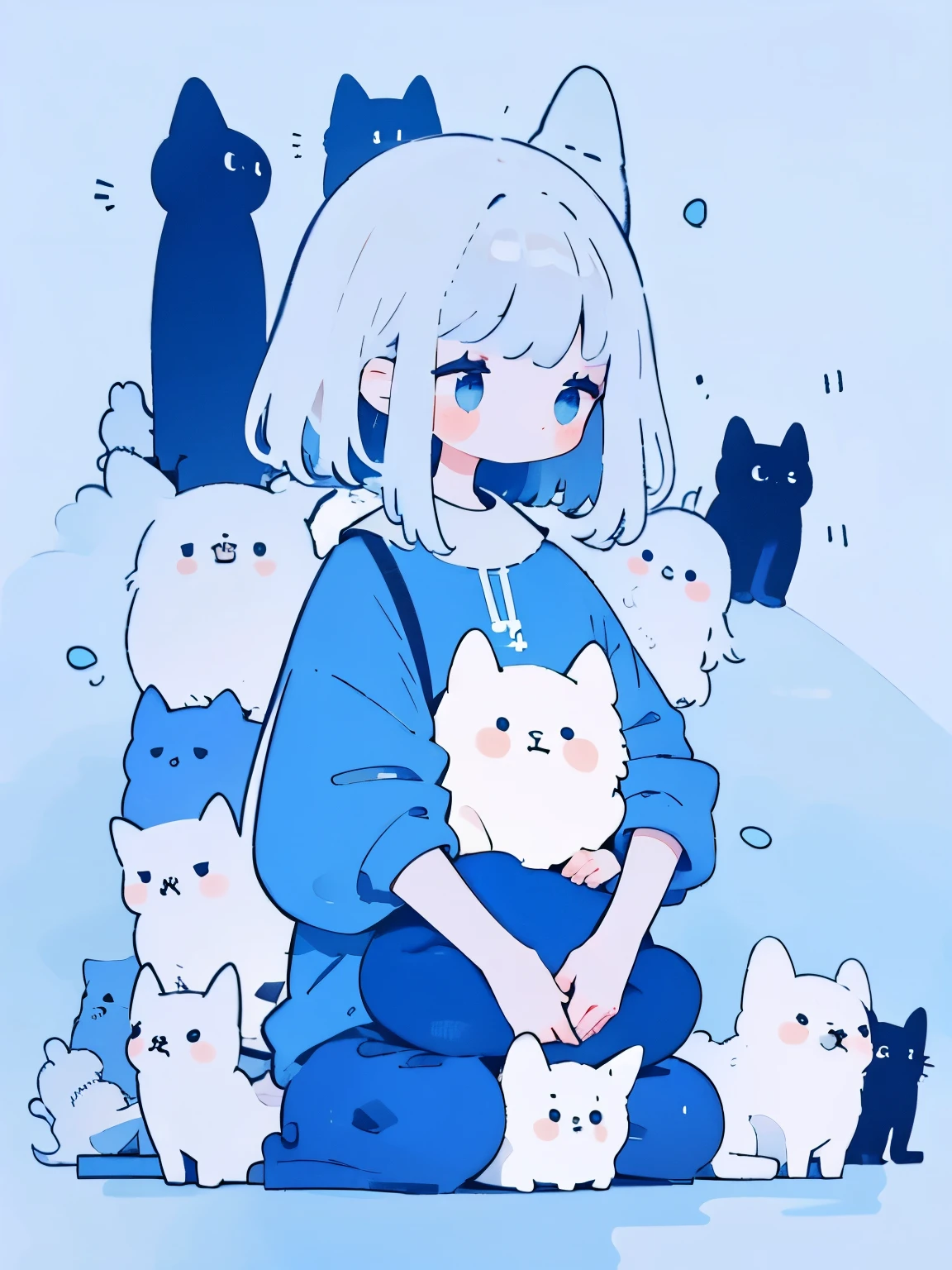Cute cat, blue tone, girl with long, straight, silver hair, has bangs.
