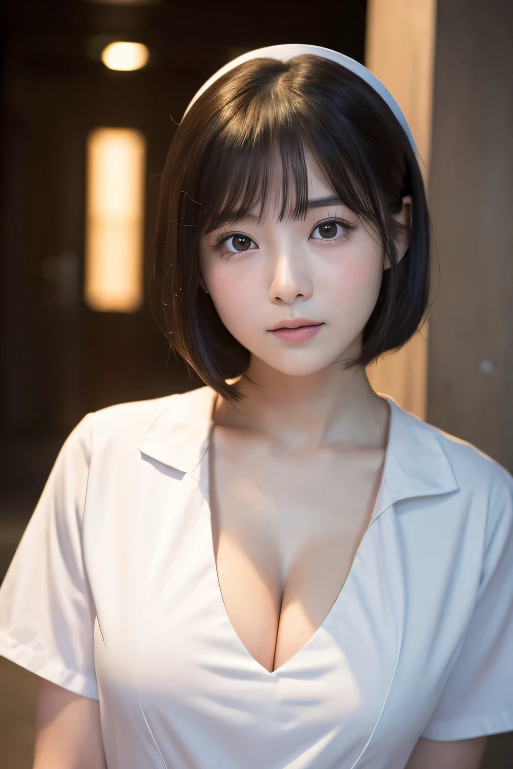 (1 Girl)、(Beautiful Japanese、18years old,round face、Refreshing、clear、seems kind、stylish、Pitiful、cute like an angel、cute、black eyes、,actress,Almond-shaped eyes), Good style , (Beautiful big breasts:1.2),(soft breasts),(very cute),(Black hair),(short bob hair),(enchanting eyes),(highlight on eyes:1.2)、(8K、Live shooting、highest quality、masterpiece:1.2、optimal lighting)、((masterpiece)),(Photo taken by a professional photographer),(real、photo real:1.4),break,{ (White nurse costume),(((taraditional nurse uniform))),,{(White nurse tight pants)},(cleavage:1.2)},( jumpy:1.4),(tears:1.4))(cheeks are red:1.2), break, break,Hospital,Face shot:1.3、Night corridor、Looking at viewer:1.6, face close-up,Looking up、Are standing、There is a ghost behind