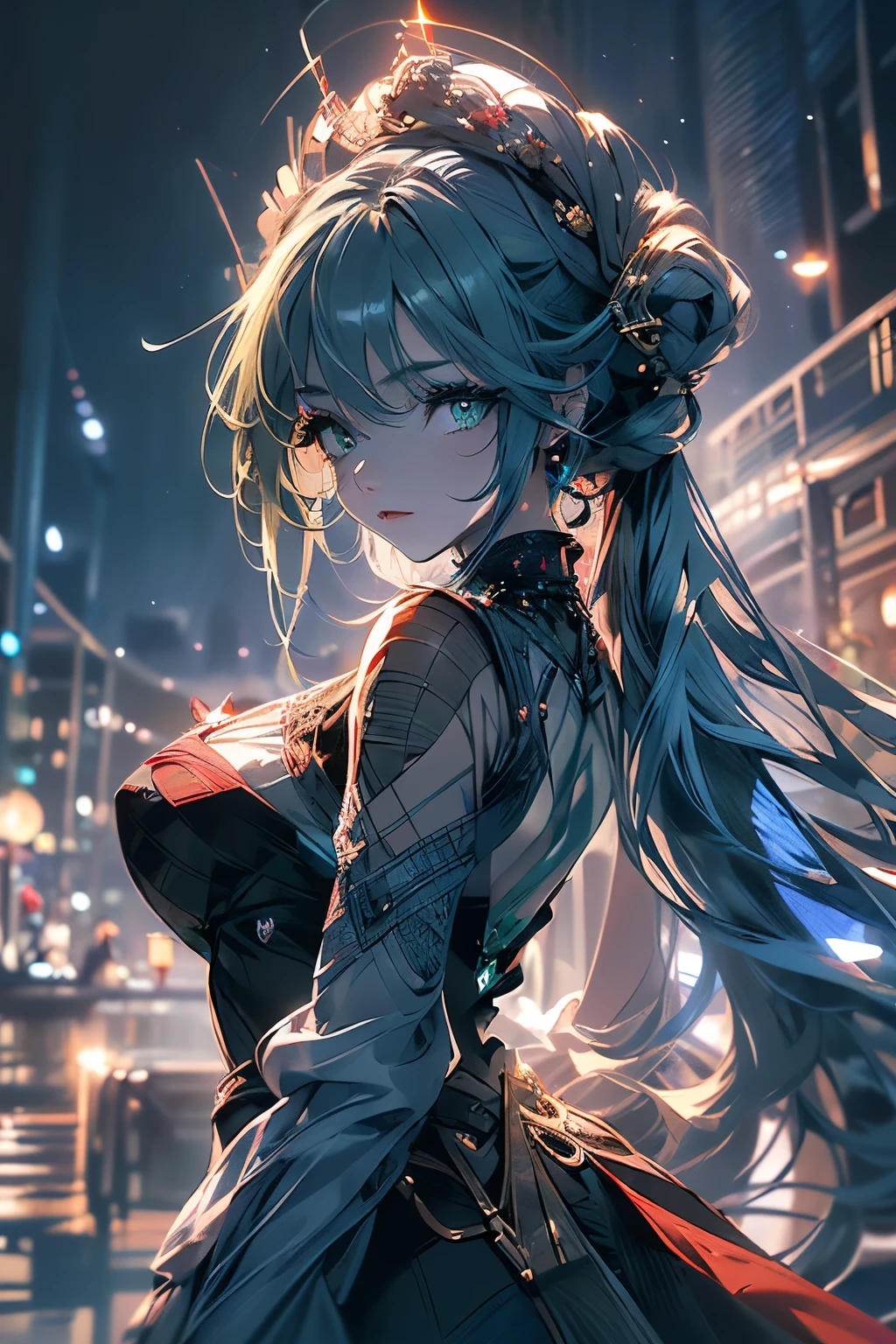 4K quality:1.2,One girl,A sense of depth,Confused,Capture the light,so beautifulイラスト,Starry Sky,full moon,((Light blue,Red Mesh,Long Hairstyles:1.3)),purple eye shadow,(((4K,so beautiful,In detail,Green Eyes:1.2))),Bright red lipstick,Gothic Lolita,;is,Beautiful and delicate hair