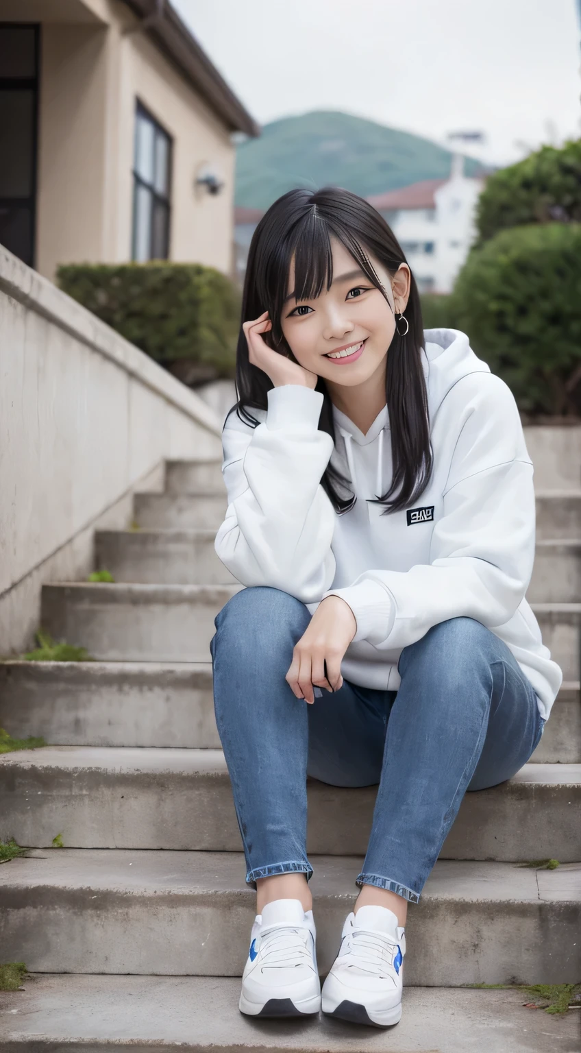 highest quality, Realistic, Very detailed, Finer details, High resolution, 8k wallpaper, One beautiful woman,Sit on the stairs、(Wear black socks)smile、(Beautiful teeth alignment、)(Gums are visible) Oversized hoodie, Skinny jeans,( Black sneakers)、Black Hair、 Beautiful Bangs、ear piercing、Perfect dynamic composition, Beautiful and detailed, Full Body Shot, A big smile