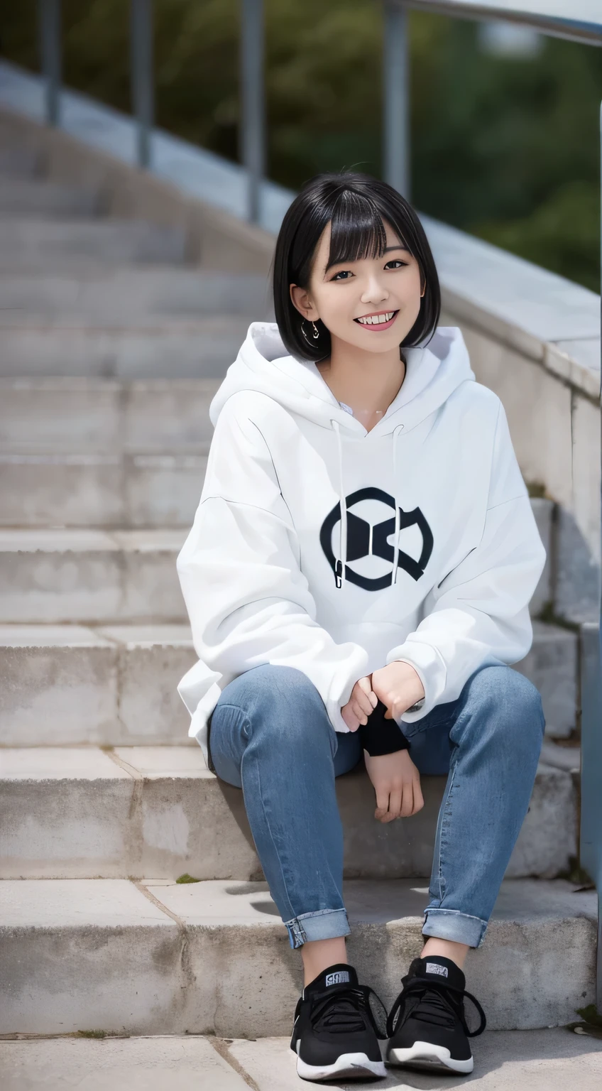 highest quality, Realistic, Very detailed, Finer details, High resolution, 8k wallpaper, One beautiful woman,Sit on the stairs、(Wear black socks)smile、(Beautiful teeth alignment、)(Gums are visible) Oversized hoodie, Skinny jeans,( Black sneakers)、Black Hair、 Beautiful Bangs、ear piercing、Perfect dynamic composition, Beautiful and detailed, Full Body Shot, A big smile