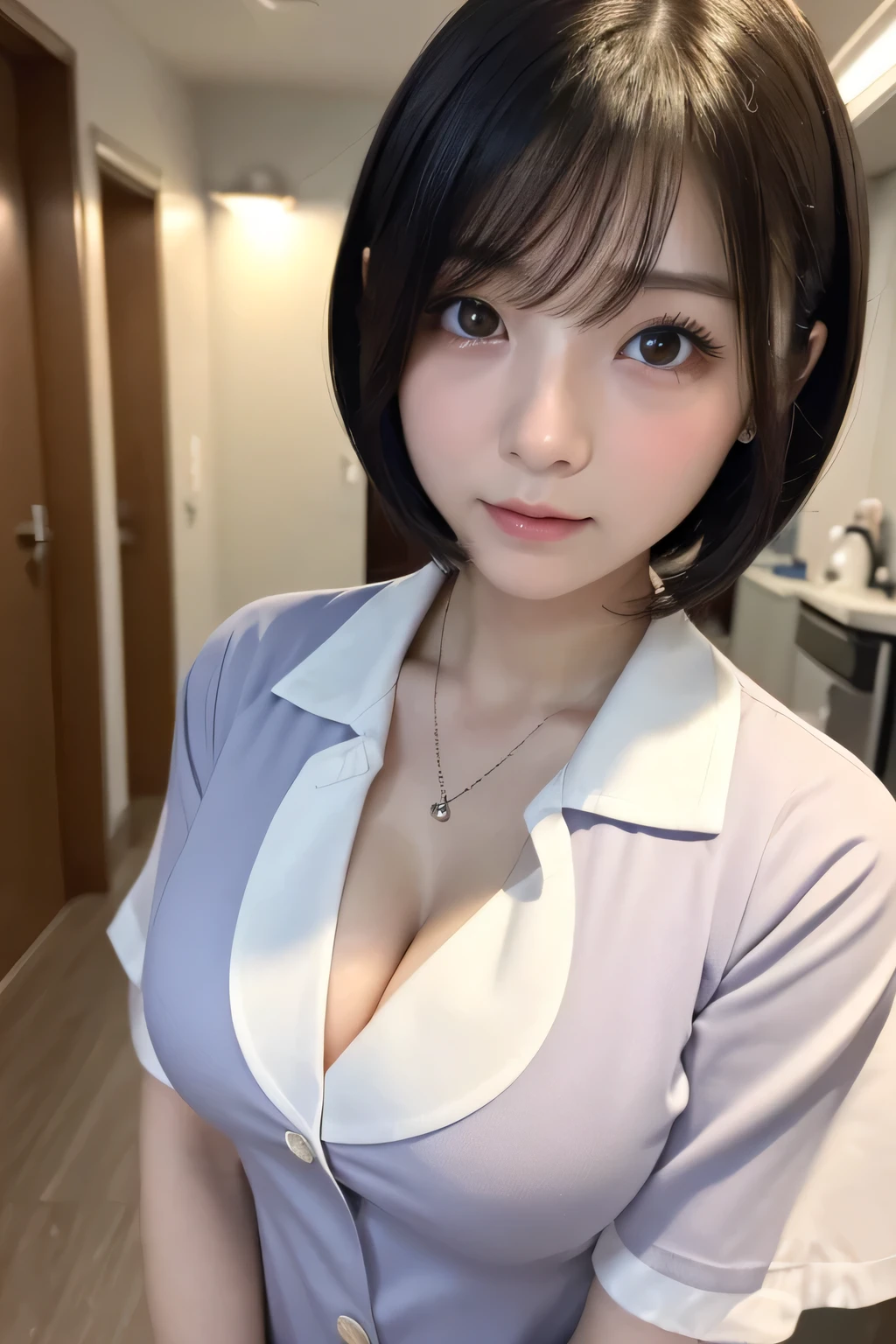 (1 Girl)、(Beautiful Japanese、18years old,round face、Refreshing、clear、seems kind、stylish、Pitiful、cute like an angel、cute、black eyes、,actress,Almond-shaped eyes), Good style , (Beautiful big breasts:1.2),(soft breasts),(very cute),(Black hair),(short bob hair),(enchanting eyes),(highlight on eyes:1.2)、(8K、Live shooting、highest quality、masterpiece:1.2、optimal lighting)、((masterpiece)),(Photo taken by a professional photographer),(real、photo real:1.4),break,{ (White nurse costume),(((taraditional nurse uniform))),,{(White nurse tight pants)},(cleavage:1.2)},( jumpy:1.4),(tears:1.4))(cheeks are red:1.2), break, break,Hospital,Face shot:1.3、Mortuary at night、Looking at viewer:1.6, face close-up,Looking up、Are standing、There is a ghost behind