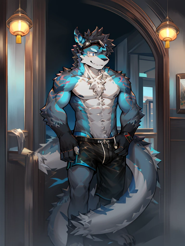 Chinese dragon boy,Gray fur,Topless, mammal, hairy,Gray Eyes,upscale hotel,Blue and black gradient swimming trunks quality,black fingerless gloves,goggles