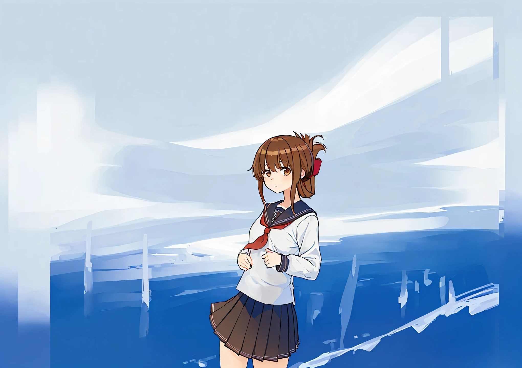 (masterpiece, best quality:1.2),illustration,8k,hd,1girl,solo,upper body,(portrait:1.2),brown_hair,folded_ponytail,brown_eyes,serafuku,long_hair,school_uniform,skirt,pleated_skirt,