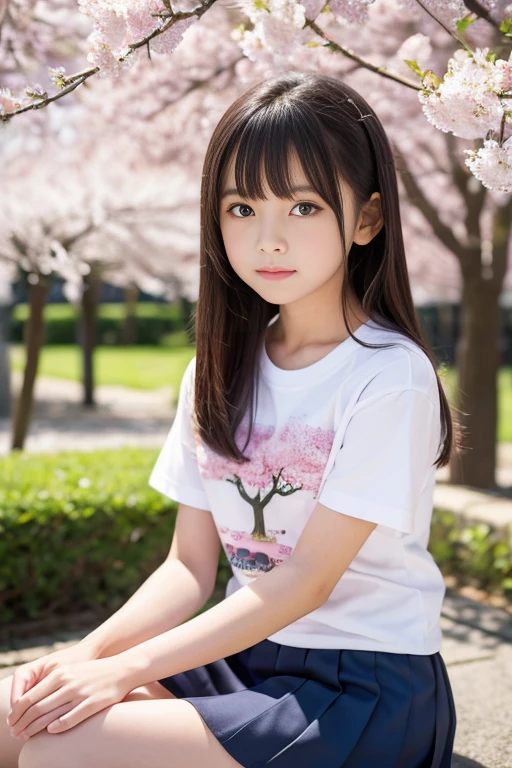 8k,masterpiece,Japanese,,from the front,Innocent face,calm eyes,Childish,T-Shirts,Short sleeve,Short skirt,semi-long,noon,bright,Cherry tree