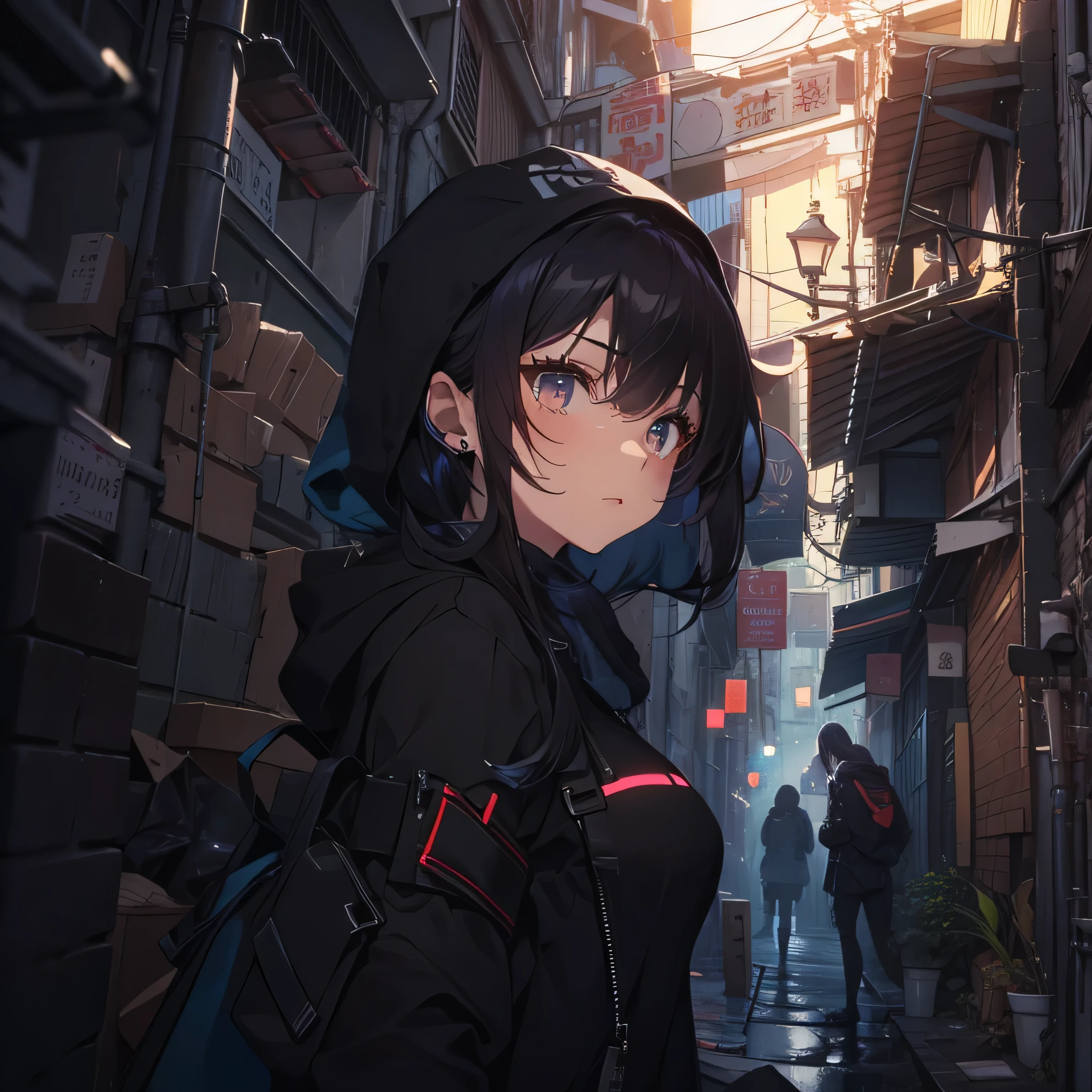 ((1Woman:1)),((beautiful eyelashes:1)), ((expressive:1)), ((front-angle-view:1)),((wearing-techwear-hoodie:1)),((Cyberworld:1)),((standing-in-a-alleyway:1))