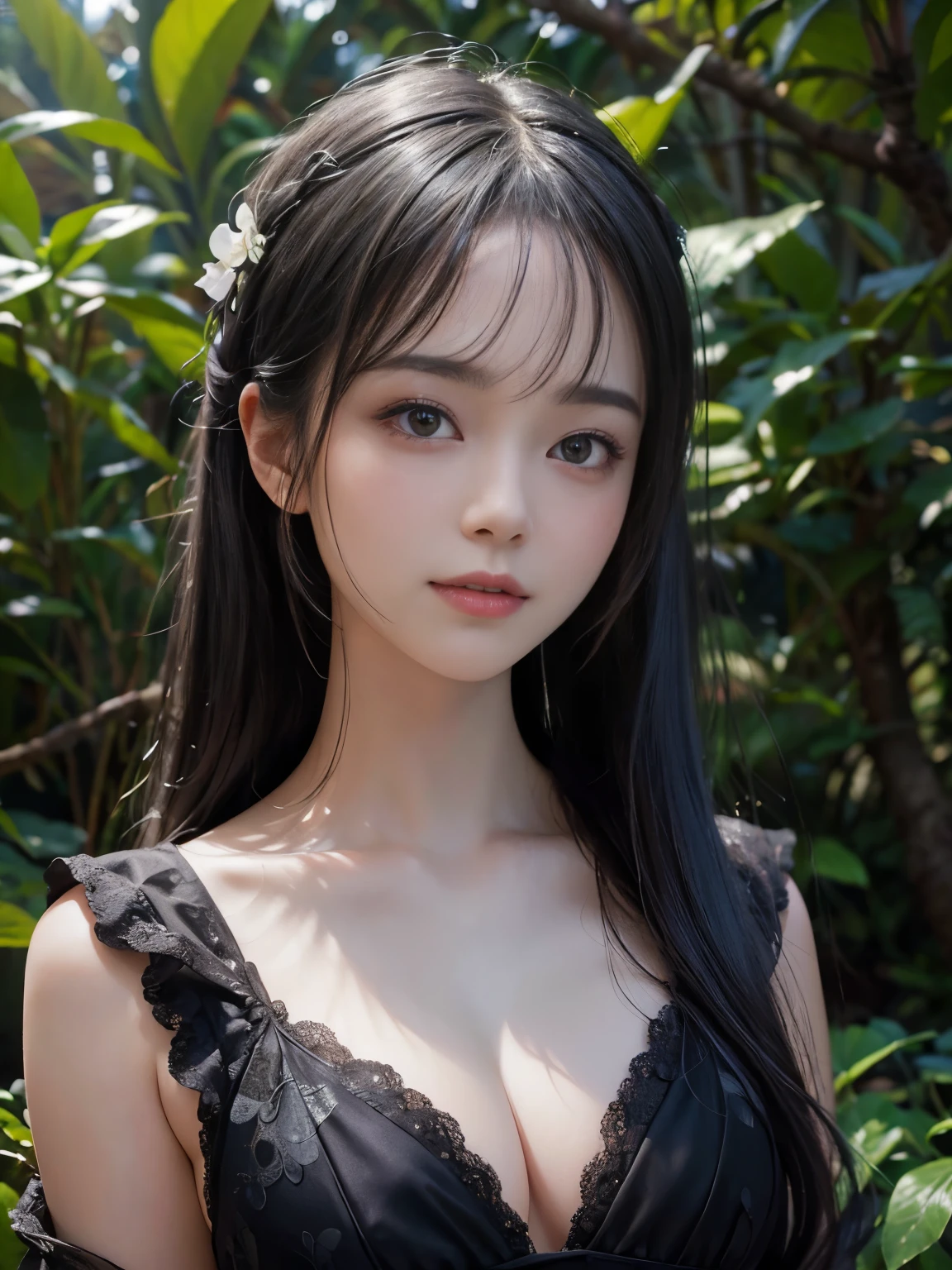 (ultra realistic) , (illustration), (increase resolution), (8K), (extremely detailed), (best illustration), (beautiful detailed eyes), (best quality), (ultra-detailed), (masterpiece), (wallpaper), (detailed face), solo,1 girl, looking at viewers, black straight hair, delicate details, in the dark, deep shadow, low key, pureerosfaceace_v1, happy smile, summer dress, full body, forest