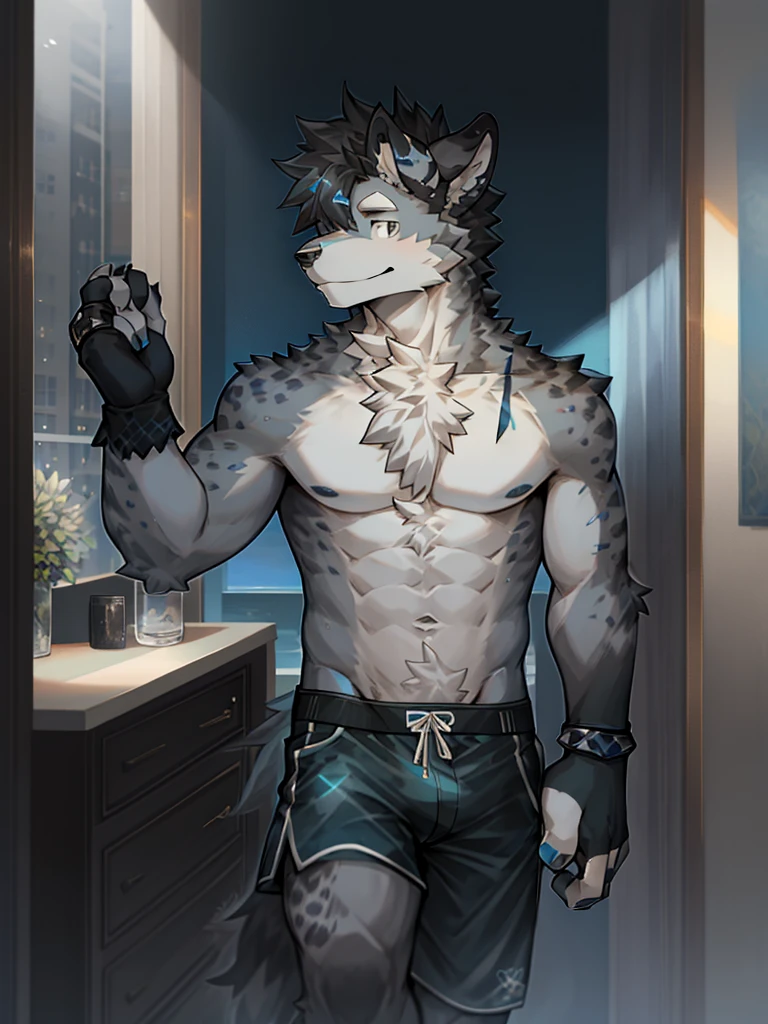 Hyena Boy,Gray fur,Topless, mammal, hairy,Gray Eyes,upscale hotel,Blue and black gradient swimming trunks quality,black fingerless gloves