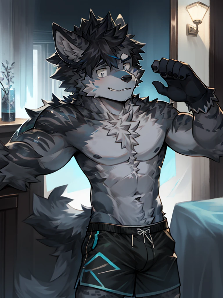 Hyena Boy,Gray fur,Topless, mammal, hairy,Gray Eyes,upscale hotel,Blue and black gradient swimming trunks quality,black fingerless gloves