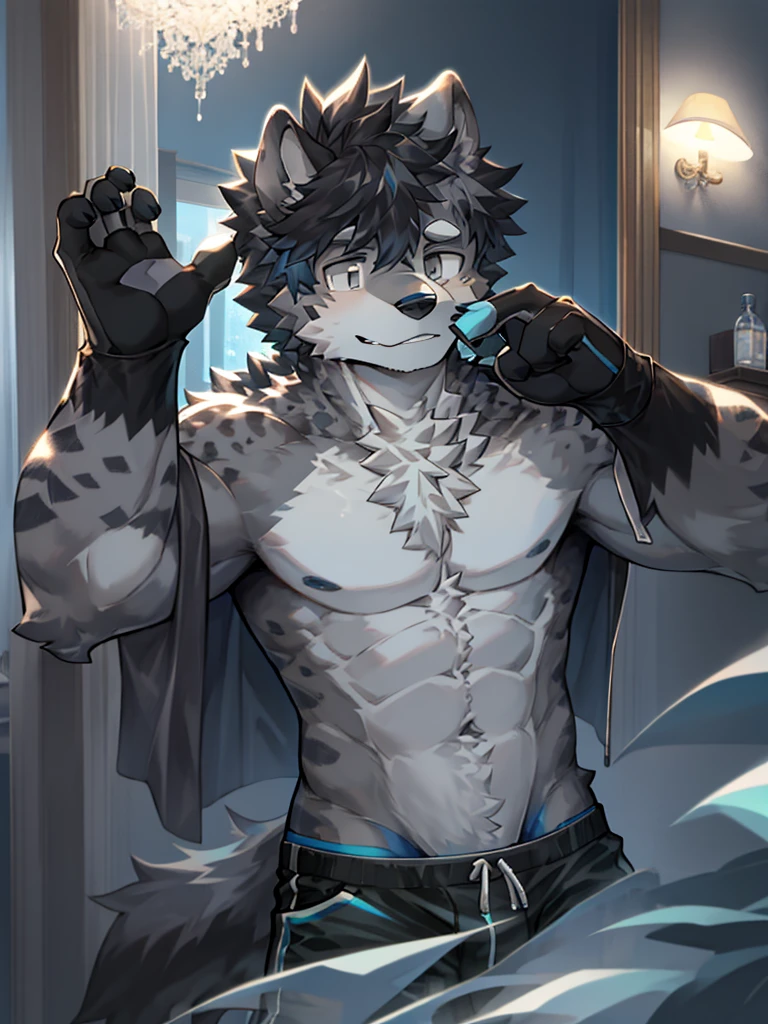 Hyena Boy,Gray fur,Topless, mammal, hairy,Gray Eyes,upscale hotel,Blue and black gradient swimming trunks quality,black fingerless gloves