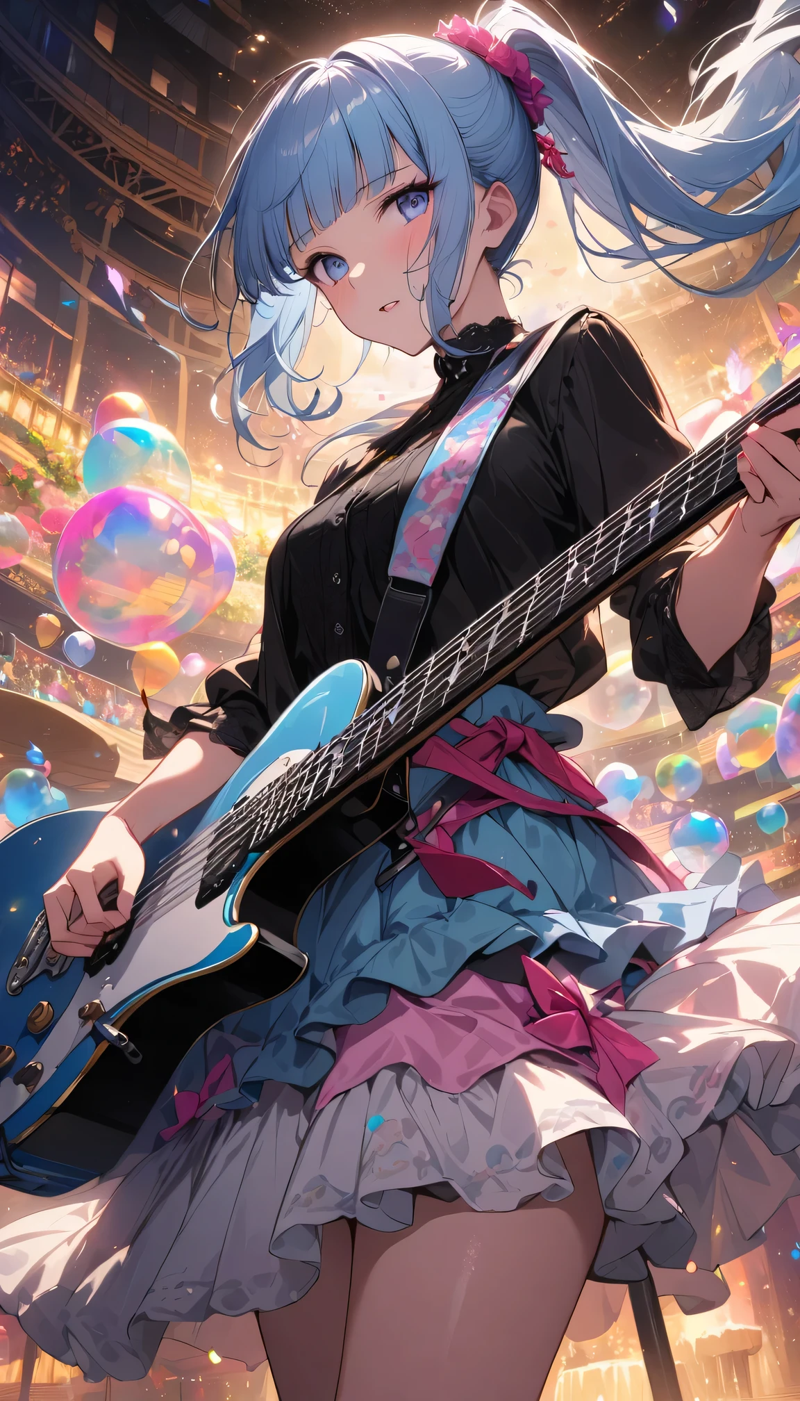 (masterpiece), (best quality), (Super detailed),(illustration), (An idol playing electric guitar on stage), (Fashion Clothing), permanent, Looking at the audience, (Stage Background),Beautiful blue eyes, Beautiful face, floating,(High Saturation),(Colorful splash),Colorful bubbles,(shining), focus on face, Ponytail, Kamisato Ayaka, light blue hair, Bangs, Hair ring, floating flowers, Floating hair, (shining), Optimal lighting, The best shadow,