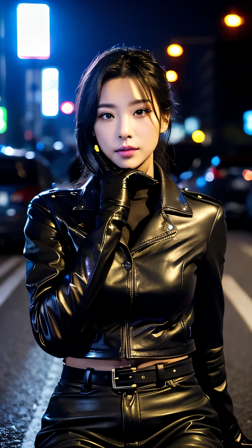 black leather rider jacket, Office in the Dark, Black leather gloved fingertips on both hands,Wearing black leather gloves,Sitting in a black leather chair、 Japanese female new recruits (Black leather gloves cover both hands) (The angle is horizontal)、Black Leather Pants,Black Leather Black Leather Pants,Black Leather Skinny Pants、Long black leather boots on both feet、Black hair ponytail ((He wears black leather gloves on his hands))Full Body Photo,full body shot full body full body leather suit,☺If you turn in this direction。Wearing black leather gloves,Wearing black leather gloves,Wearing black leather gloves,Wearing black leather gloves,Wearing black leather gloves,Wearing black leather gloves,黒のレザーパンツが美しい😍黒のレザーパンツが美しい😍黒のレザーパンツが美しい,😍Smiling while looking at me,City lights、((Neon Cyberpunk City Street:1.3))、(Neon Light)、Detailed lighting、
Best image quality、Ultra-high resolution、(realism:1.4)、Korean Beauty Star、The most beautiful KPOP stars、face、Horny Korean Makeup、A body that makes you want to touch it、Realistic leather texture、Costume made of smooth leather fabric、The drape of the curved parts of the leather fabric、The costume is very shiny、Quality of the costume、8K Photo Quality