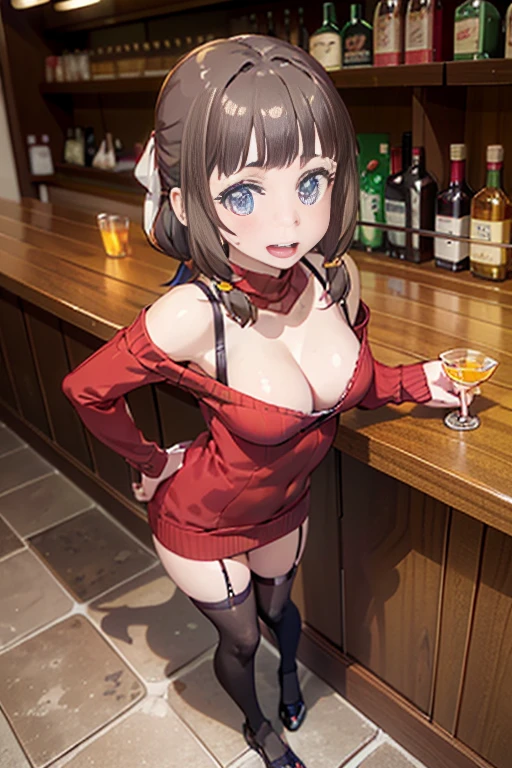 (from above:1.2),(from side:0.9), ((Face)), (Close-Up:1.0), masterpiece,"A 26-year-old girl stands at a bar counter. She is dressed in a stylish off-shoulder dress, sweater dress, off-shoulder sweater, red sweater,garter stocking, :1.1, midriff, black thighhighs, pretty girl, (highly detailed beautiful face and eyes,firm breasts)kin,((black,hair,long pony tail hair)),thin pubic hair,cute and lovely pose, detailed eyes, This masterpiece is only visually stunning but also tells,(medium breasts:1.0,und:1.1),(with sparkling eyes and a contagious smile),open mouth. The bar is beautiful, with colorful bottles of alcohol in the background and a soft glow from neon lights. The atmosphere is relaxed, and the girl looks confident and fashionable.",full body, sexy pose,make a cockt , in the bar cou, Looking at Viewer,