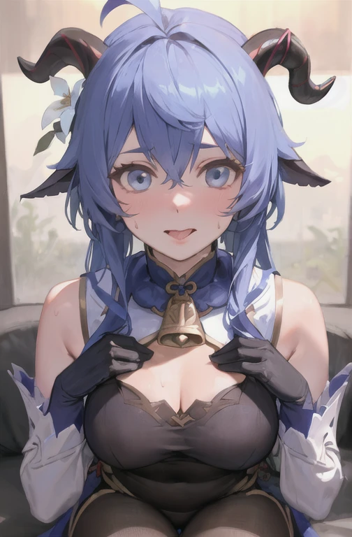 (photoRealistic:1.4), (masterpiece, Side light, Beautiful, detailed eyes: 1.2), masterpiece*Portraiture, Realistic, 3D Face, 
Hired \(Genshin Impact\), One girl, Ahoge, architecture, bangs, Exposing shoulders, Bell, black gloves, Black Pantyhose, (Blue Hair), blush, chest, Chinese knot, Removable sleeves, Flower knot, gloves, horn, Long Hair, View your viewers, medium chest, neck Bell,Sweating profusely,Embarrassed,Open your mouth,Sticking out tongue