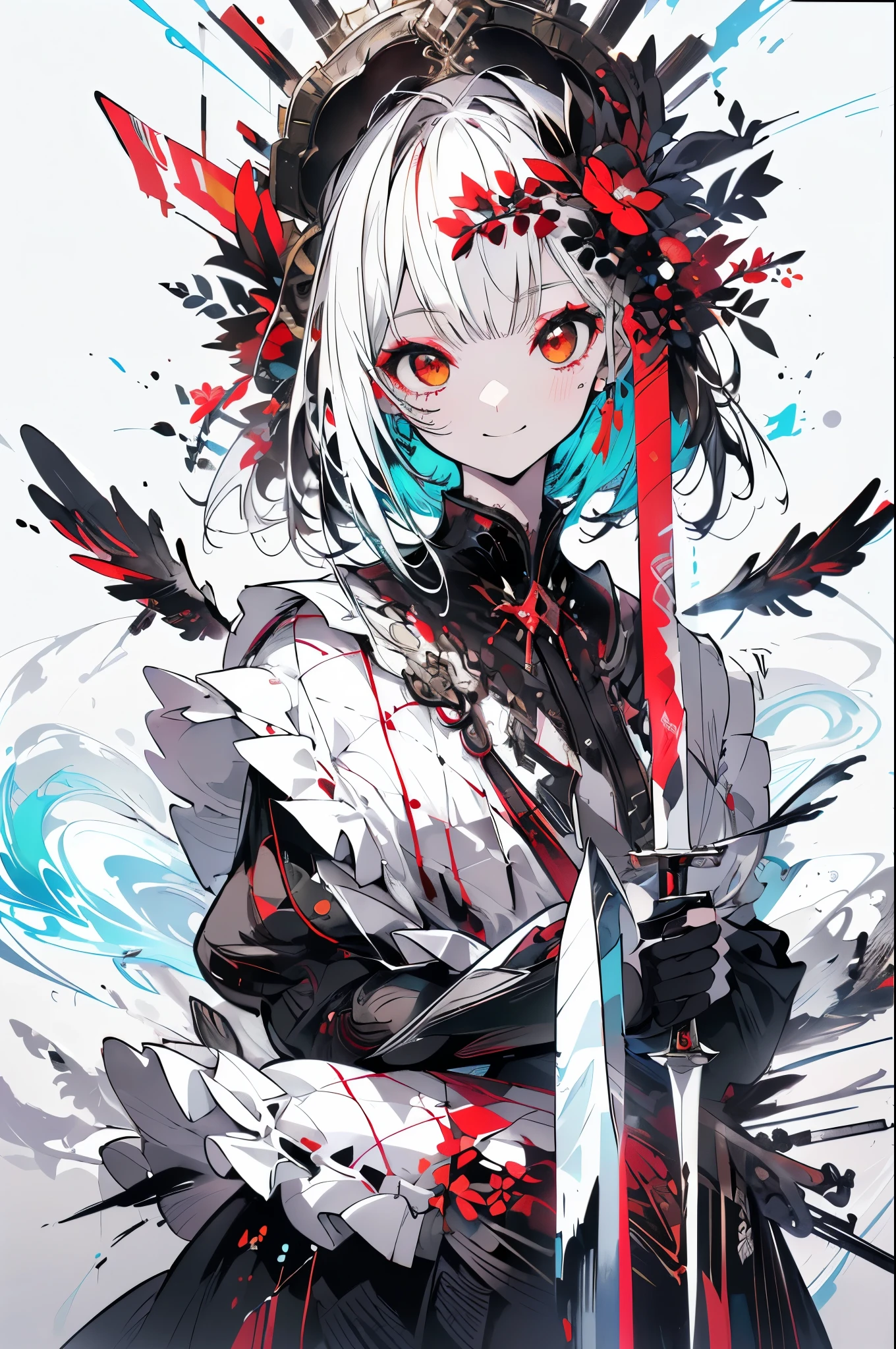 (White background:1.4),(Nature illustration spring:1. Art Book,Art Books:1.3, quilt art:1.2),( Reasonable design, clear lines, High Definition,best quality, Very detailed, On the table, Lighting Effects, 4K )、(maid uniform:1.2)、Maid costume、(Cool illustration:1.5)、(watercolor painting:1.2)、(1girl:1.0)、White background、girl,(whole body :1.5)、Black and red pattern、 fantasy, detailed picture、Cool smile、Cruel beauty、Red Eyes、assassin女仆、Headdress、Standing picture、assassin,