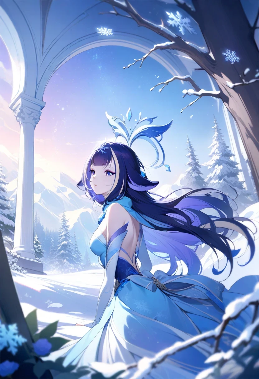 (shylily/(Twich/):1.5),(masterpiece:1.2),(best quality:1.2),Beautiful and delicate eyes, Pale skin, Flowing hair, Elegant Posture, Fantasy setting, soft light, Ethereal atmosphere, Fascinating eyes, Beautiful, Porcelain complexion, Long hair spread down the back, Intricate braids decorated with flowers, The silver crown on her head, Crystal snowflakes fell around her, Snow-capped landscape, Sparkling blue dress, Beautiful movements, dreamy halo, Charming beauty, Enchanted Forest, Surreal color palette, Delicate snowflakes melt on your fingertips, Breathing Frozen Air, winter wonderland landscape, A magical light surrounds her, Calm expression, Fascinating presence, Light blue and silver, Soft sunlight filtering through the trees, The tranquility and peace in her presence, Ice-cold blue eyes reflect the beauty of their surroundings, A dreamy and otherworldly atmosphere, A bit mysterious, Artistic masterpiece, High resolution details, Stunning Portraits, portrait in fairy tale world.