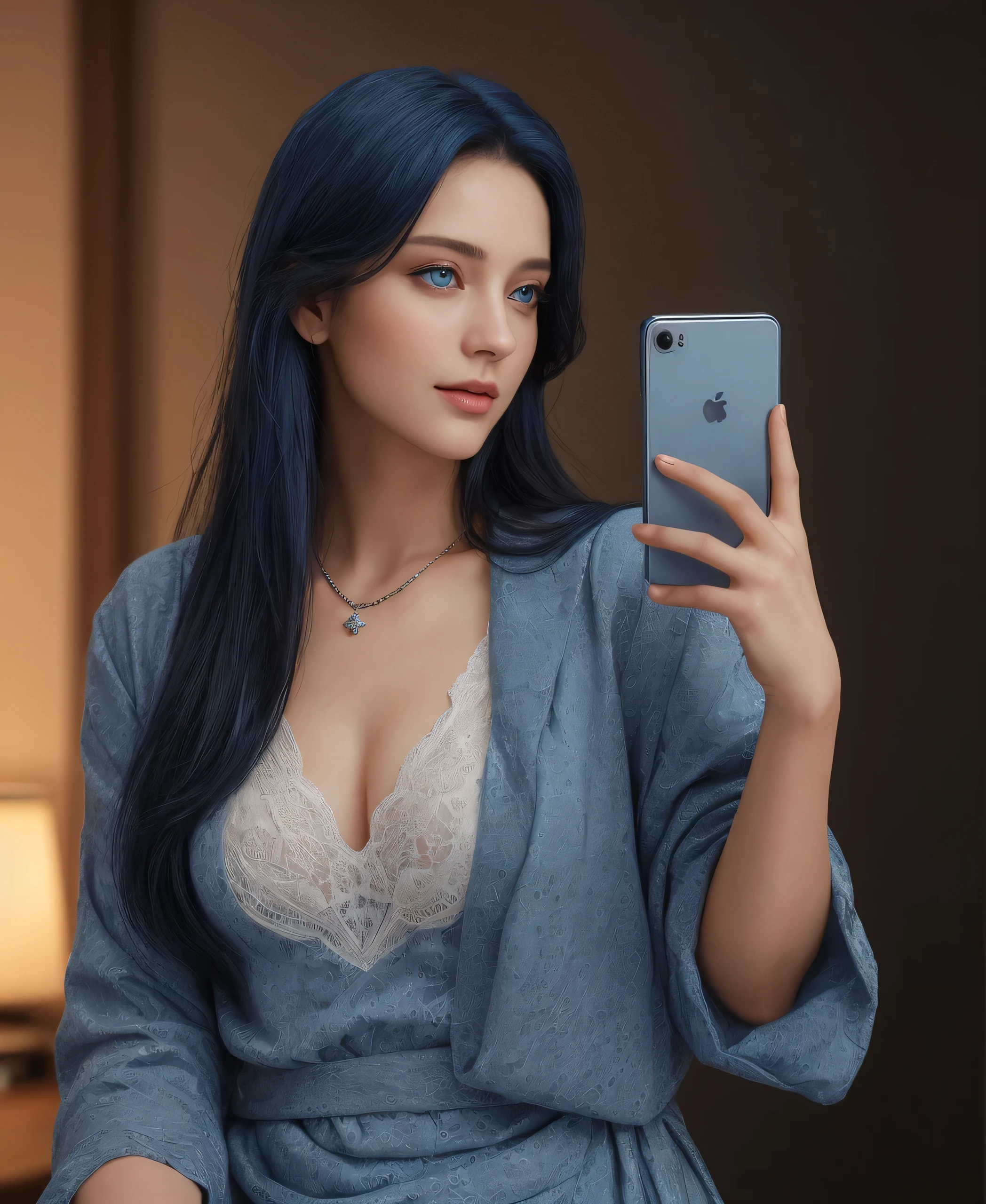 (Quality(Masterpiece, Photo realistic, Hyper realistic, super detail, best lighting)) 1 gorgeous girl (Face Features(Natural beauty, no make up, dark blue hair, diamond blue eyes color, slim face, no wrinkle)) perfect hairstyle, holding phone