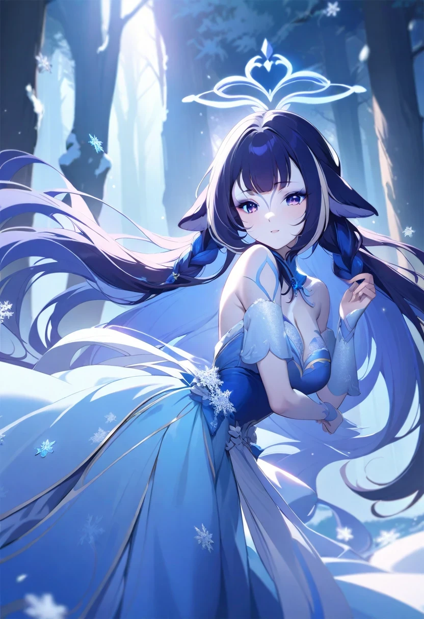 (shylily/(Twich/):1.5),(masterpiece:1.2),(best quality:1.2),Beautiful and delicate eyes, Pale skin, Flowing hair, Elegant Posture, Fantasy setting, soft light, Ethereal atmosphere, Fascinating eyes, Beautiful, Porcelain complexion, Long hair spread down the back, Intricate braids decorated with flowers, The silver crown on her head, Crystal snowflakes fell around her, Snow-capped landscape, Sparkling blue dress, Beautiful movements, dreamy halo, Charming beauty, Enchanted Forest, Surreal color palette, Delicate snowflakes melt on your fingertips, Breathing Frozen Air, winter wonderland landscape, A magical light surrounds her, Calm expression, Fascinating presence, Light blue and silver, Soft sunlight filtering through the trees, The tranquility and peace in her presence, Ice-cold blue eyes reflect the beauty of their surroundings, A dreamy and otherworldly atmosphere, A bit mysterious, Artistic masterpiece, High resolution details, Stunning Portraits, portrait in fairy tale world.
