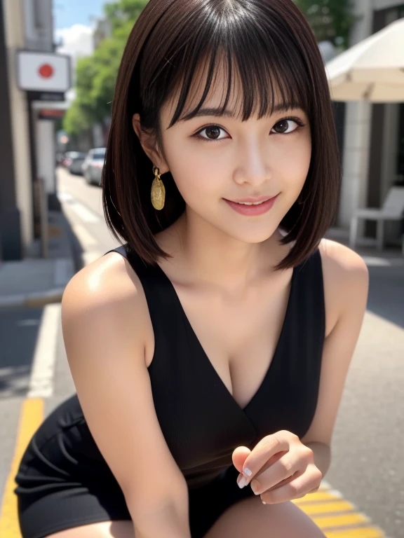 (masterpiece)、(highest quality:1.5)、(16K Wallpaper:1.2)、(Photorealistic:1.2)、(Ultra-detailed:1.2)、(超A high resolution:1.2),(Surreal), (High resolution), (Very detailed), (Best Illustration), (Professional), (Realistic), (Post-processing), (Very detailed),(Sharp focus), Sharp focus:1.2,Photorealistic, Ultra-realistic, Backlight, Bright light, (Improvement of quality:1.4),
Healthy thighs、Narrow waist、Big Ass、(Beautiful legs)、((Perfectly detailed five-fingered hands)),(Anatomically correct body)、((1 female:1.4))、Realistic Skin、(Small chest:1.4),Pretty woman with perfect figure:1.4,(from the front:1.5), (Enhances the beauty of skin texture:1.1),
(Beautiful fine details), (Detailed face),Beautiful realistic face,No makeup、美しいBlack Hair、Super Beauty、The best smile、Natural color lip、Even bangs、((29-year-old woman))、Bob Hair、Hair blowing in the wind, (Black Hair, Iris, Watery eyes, Short Bob Cut, Small earrings, Lightly reddish), Hair behind the ear、No makeup、((Drooping eyes))、 Beautiful fingers, Perfect hands, Nice hands, Beautiful legs, Beautiful feet, Beautiful thighs, Detailed skin, One girl, Smile, View your viewers:2, whole body, Elevation,business suit,mini skirt,(sports car, street: 1.2),