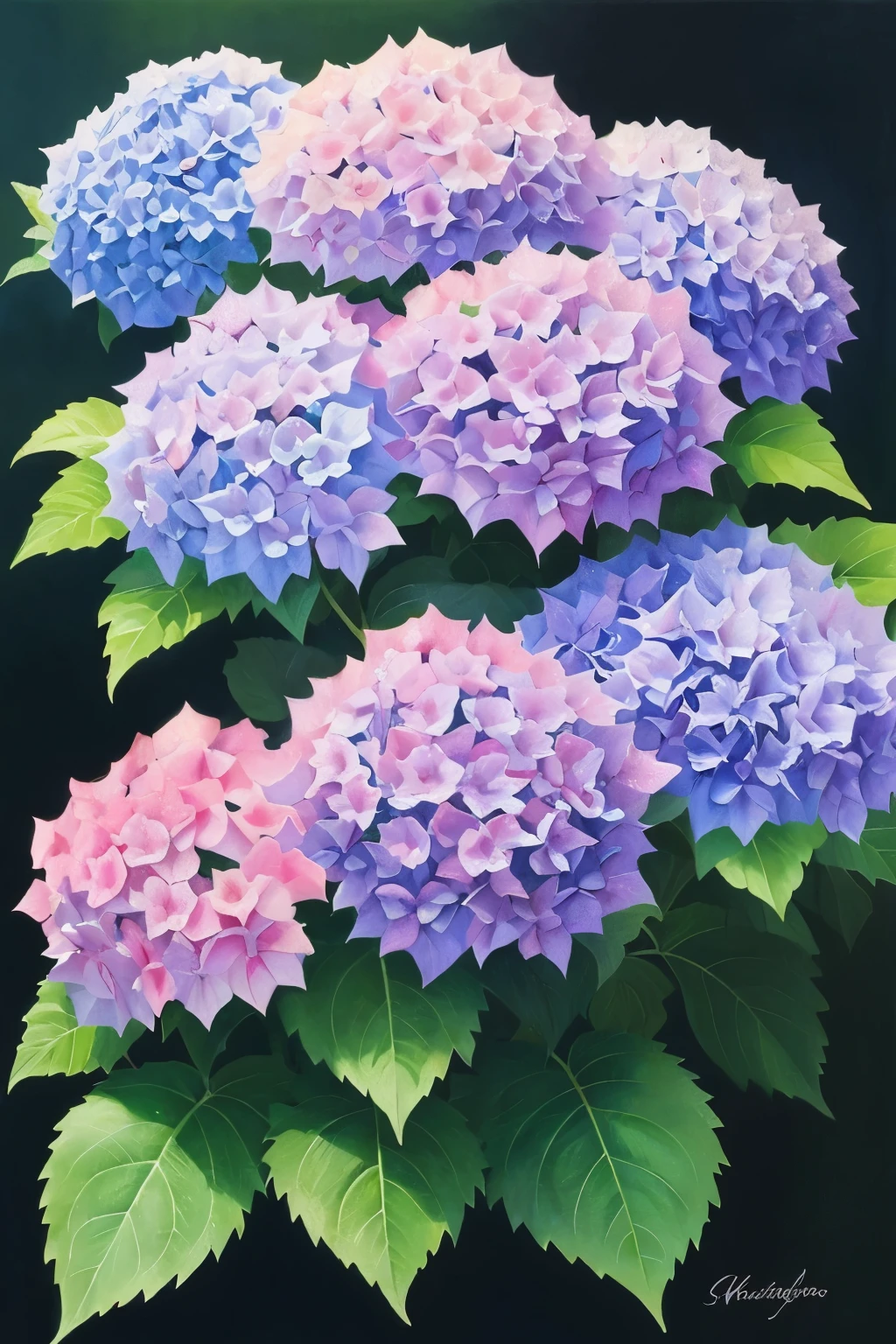 Japanese painting style, fusion of oil and watercolor, masterpiece, best quality, super fine, rain, light blue hydrangea, pink hydrangea, purple hydrangea