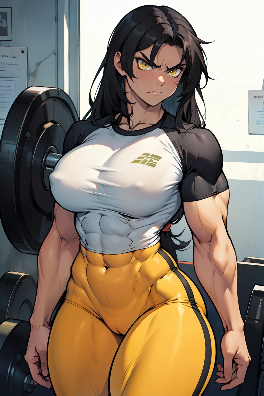 pale skin very long hair 1 girl black hair yellow eyes angry ((1 girl muscular toned body)) bodybuilder curvy wide hips thick thighs tight shirt huge