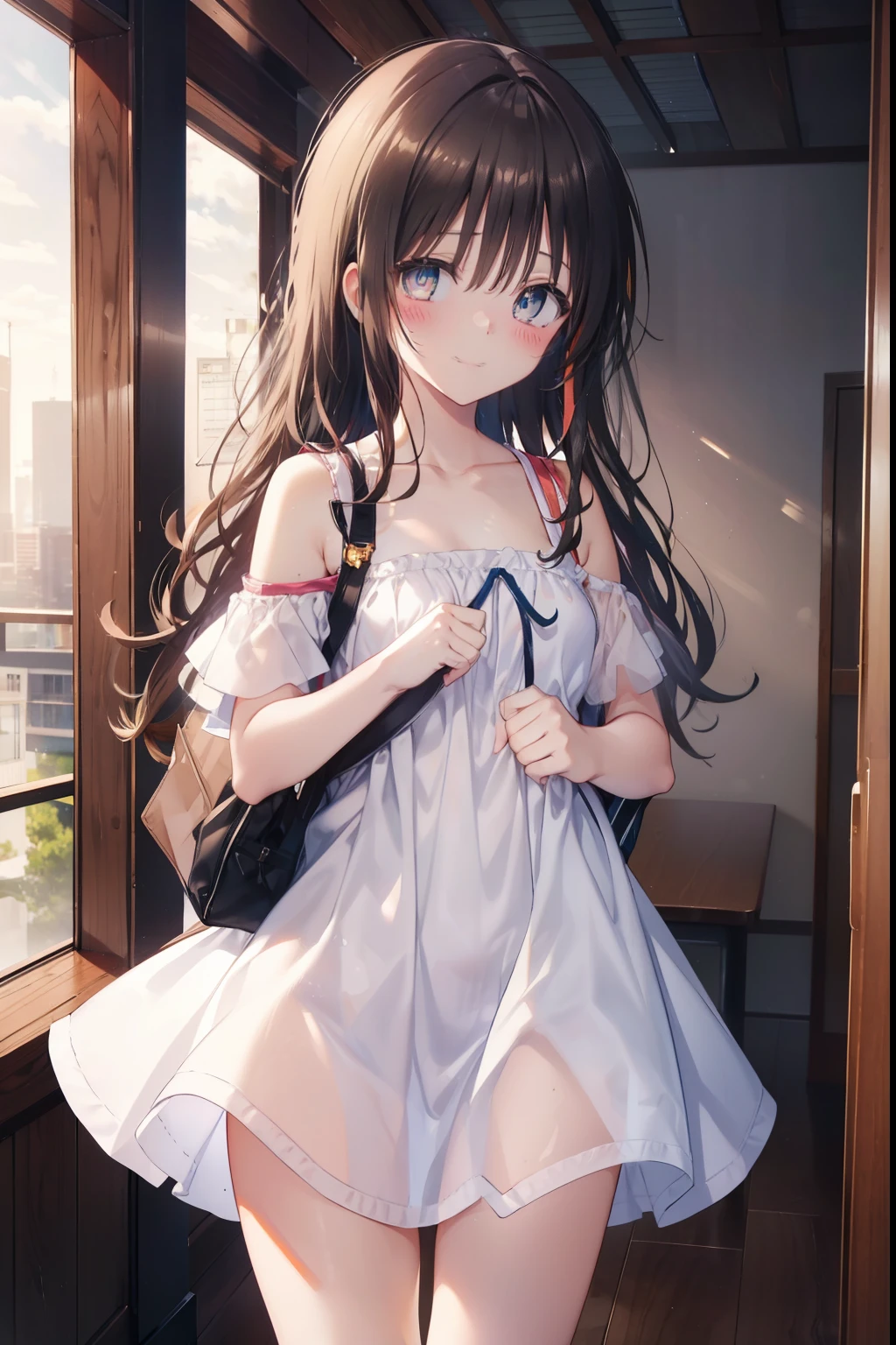 Mikan Yuuki,,blush,smile,Camisole clothing、Carrying a school bag、primary school、Primary school students、The back is very small、Lolita、Small breasts、Appearance: 14 years old、Shoulder Bare、Visible collarbone、Sexy thighs、Beautiful legs、See-through lingerie、Usual hairstyle
(masterpiece:1.2), highest quality, High resolution, unity 8k wallpaper, (shape:0.8), (Beautiful and beautiful eyes:1.6), Highly detailed face, Perfect lighting, Highly detailed CG, (Perfect hands, Perfect Anatomy),