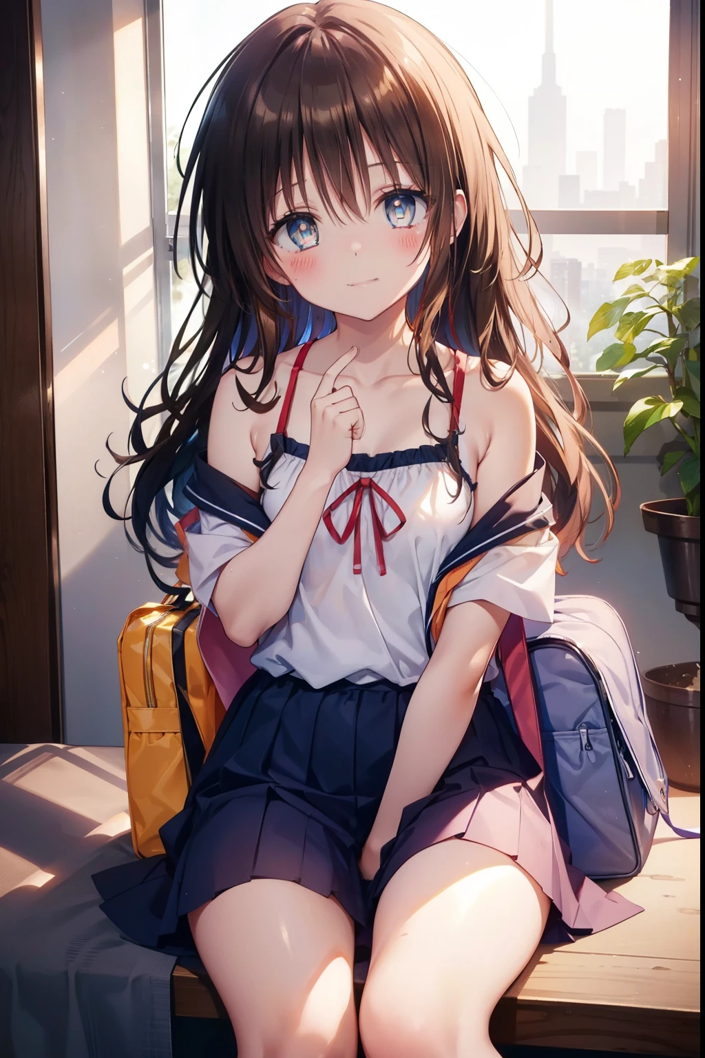 Mikan Yuuki,,blush,smile,Camisole clothing、Carrying a school bag、primary school、Primary school students、The back is very small、Lolita、Small breasts、Appearance: 14 years old、Knotted long hair off shoulder、Visible collarbone、Sexy thighs、Beautiful legs
(masterpiece:1.2), highest quality, High resolution, unity 8k wallpaper, (shape:0.8), (Beautiful and beautiful eyes:1.6), Highly detailed face, Perfect lighting, Highly detailed CG, (Perfect hands, Perfect Anatomy),