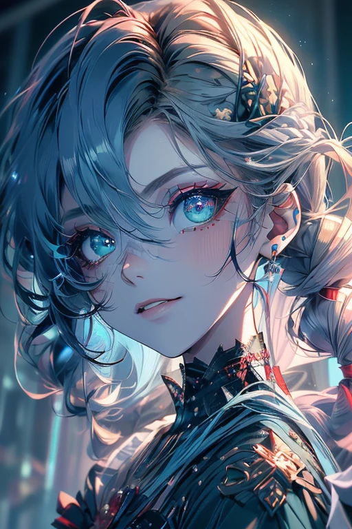 4K quality:1.2,One boy,Depth,Confused,Capture the light,so beautifulイラスト,Starry Sky,full moon,((Light blue,Red Mesh,Long Hairstyles:1.3)),purple eye shadow,(((4K,so beautiful,In detail,Green Eyes:1.2))),Bright red lipstick,Gothic ta,;teeth,Beautiful and delicate hair