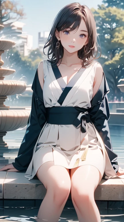 ((masterpiece)), (best quality), (8K, Photorealsitic, Raw photography, Top image quality: 1.4), gorgeous face, beautiful eyes, Japan high school girls, sitting in a park, fountain on background, pixiv fantasia,