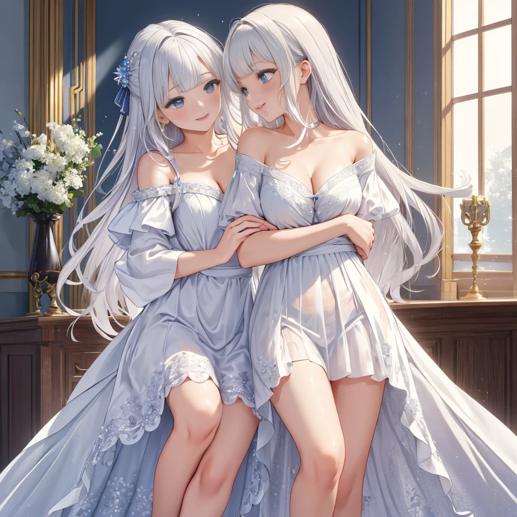 masterpiece, best quality, ultra detailed, highres, extremely detailed CG unity 8k wallpaper, perfect lighting、beautiful and aesthetic,sharp focus, perfect face, Perfect hands、Perfect Fingers、Perfect toes、Five fingers、、highest quality、Woman 1
white Hair、Blunt bangs、blue eyes、Sparkling eyes、extremely big eyes、smile、blush、negligee、Face close-up、Off the shoulder、()、(Hide your arms behind your back:1.3)、(yuri)