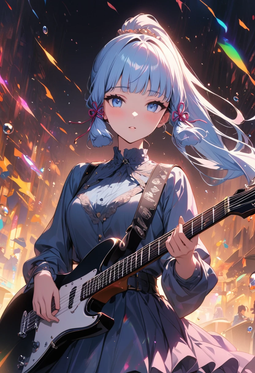 (masterpiece), (best quality), (Super detailed),(illustration), (An idol playing electric guitar on stage), (Fashion Clothing), permanent, Looking at the audience, (Stage Background),Beautiful blue eyes, Beautiful face, floating,(High Saturation),(Colorful splash),Colorful bubbles,(shining), focus on face, Ponytail, Kamisato Ayaka, light blue hair, Bangs, Hair ring, floating花朵, Floating hair, (shining), Optimal lighting, The best shadow,