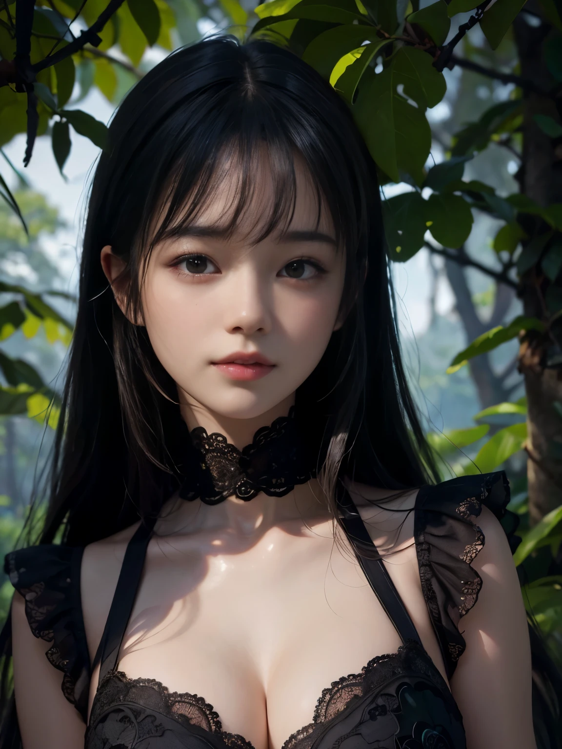 (ultra realistic) , (illustration), (increase resolution), (8K), (extremely detailed), (best illustration), (beautiful detailed eyes), (best quality), (ultra-detailed), (masterpiece), (wallpaper), (detailed face), solo,1 girl, looking at viewers, black straight hair, delicate details, in the dark, deep shadow, low key, pureerosfaceace_v1, happy smile, summer dress, full body, forest